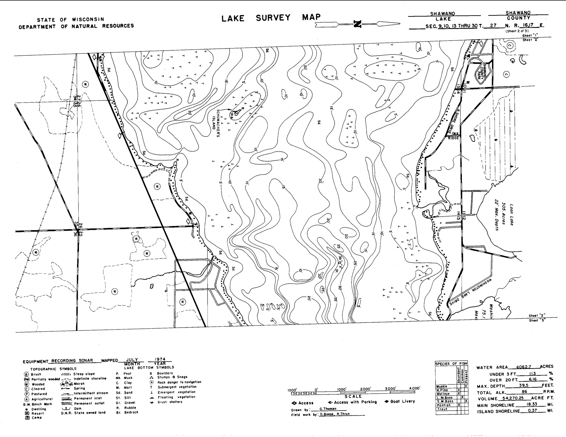 Shawano Lake historical Wisconsin DNR depth map sheet 2