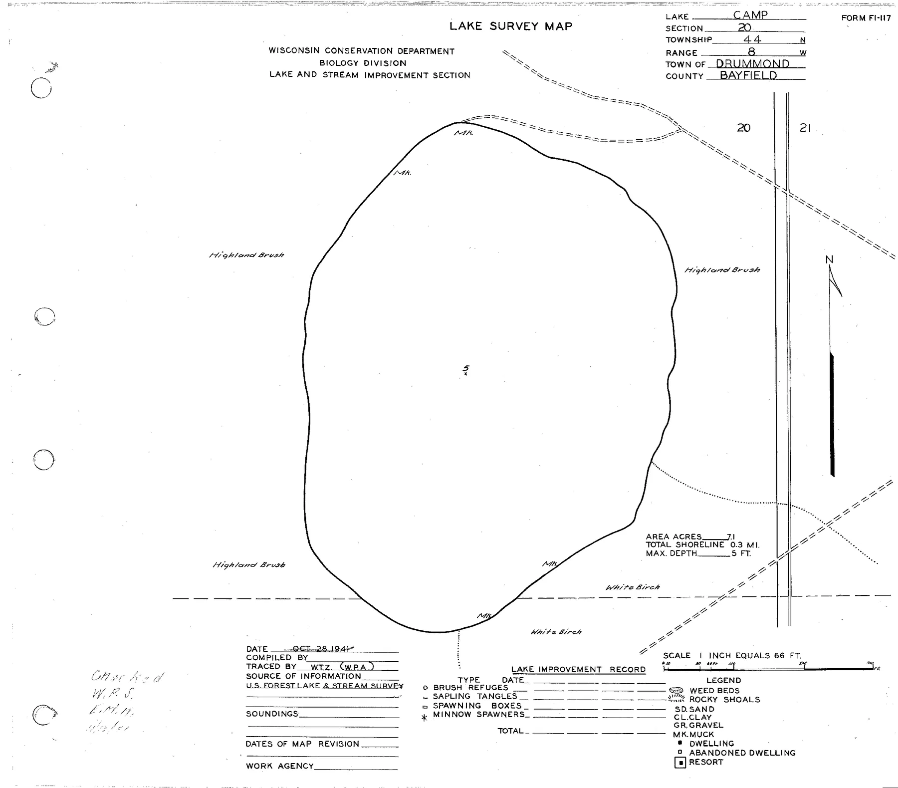 Camp Lake historical Wisconsin DNR depth map sheet 1