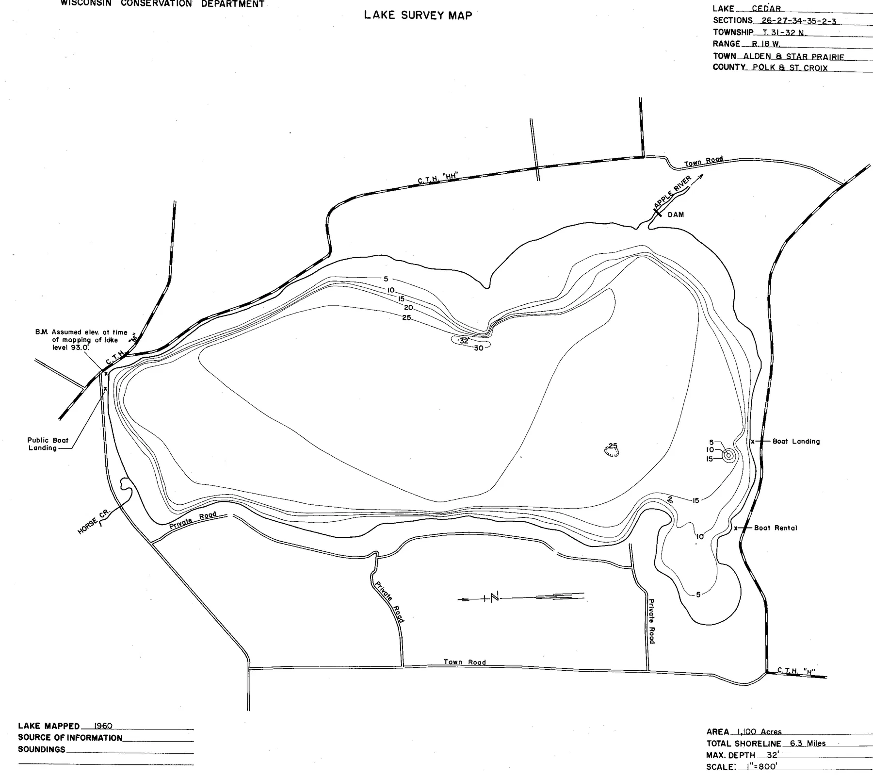 Cedar Lake historical Wisconsin DNR depth map sheet 1