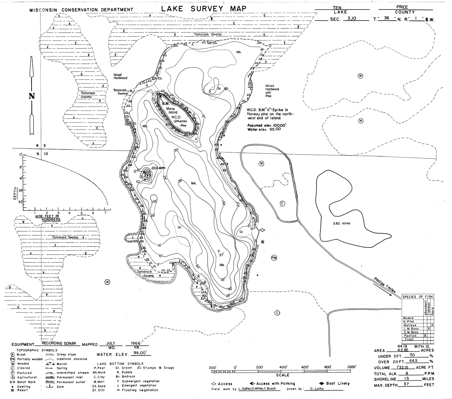 Lake Ten historical Wisconsin DNR depth map sheet 1
