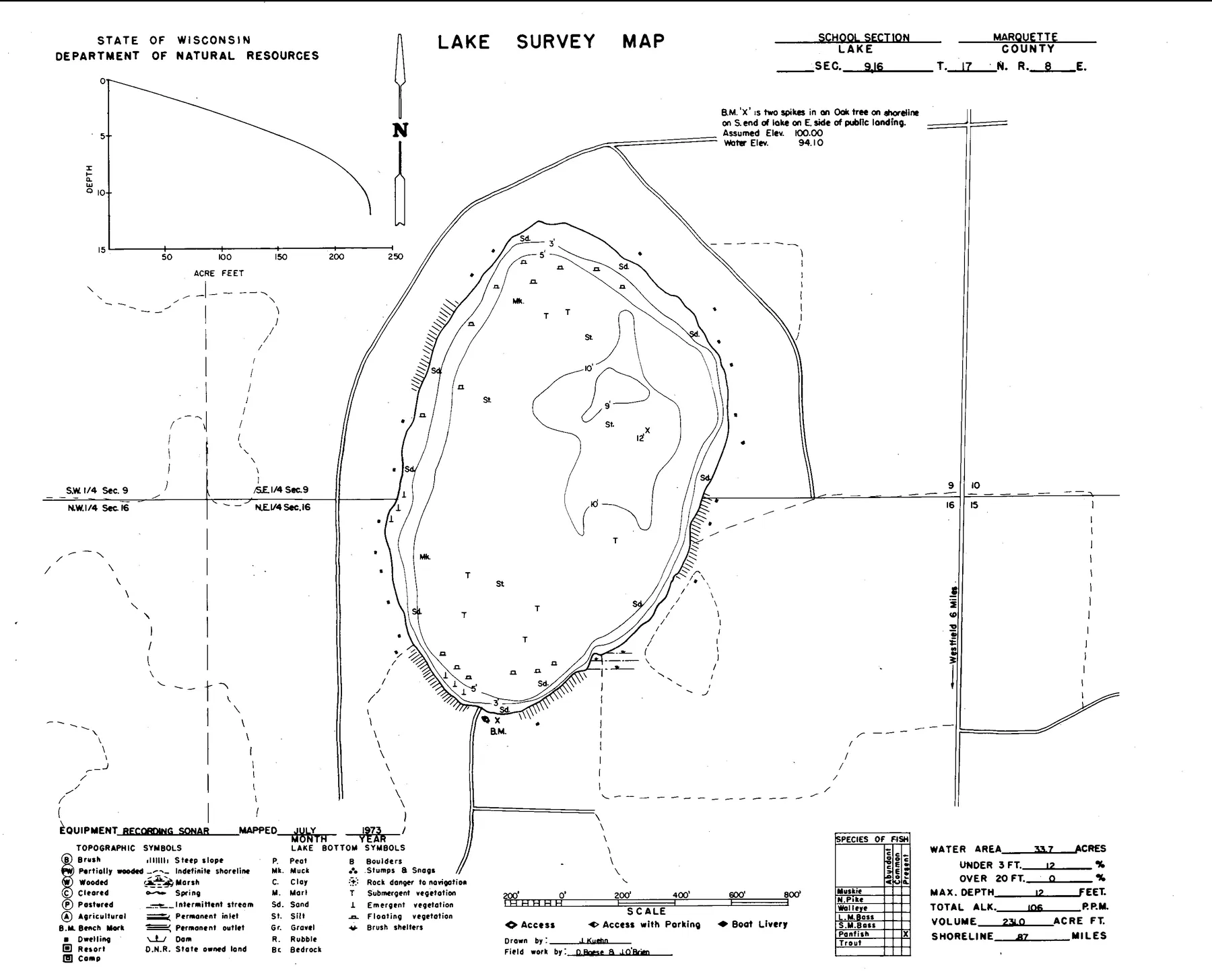 School Section Lake historical Wisconsin DNR depth map sheet 1