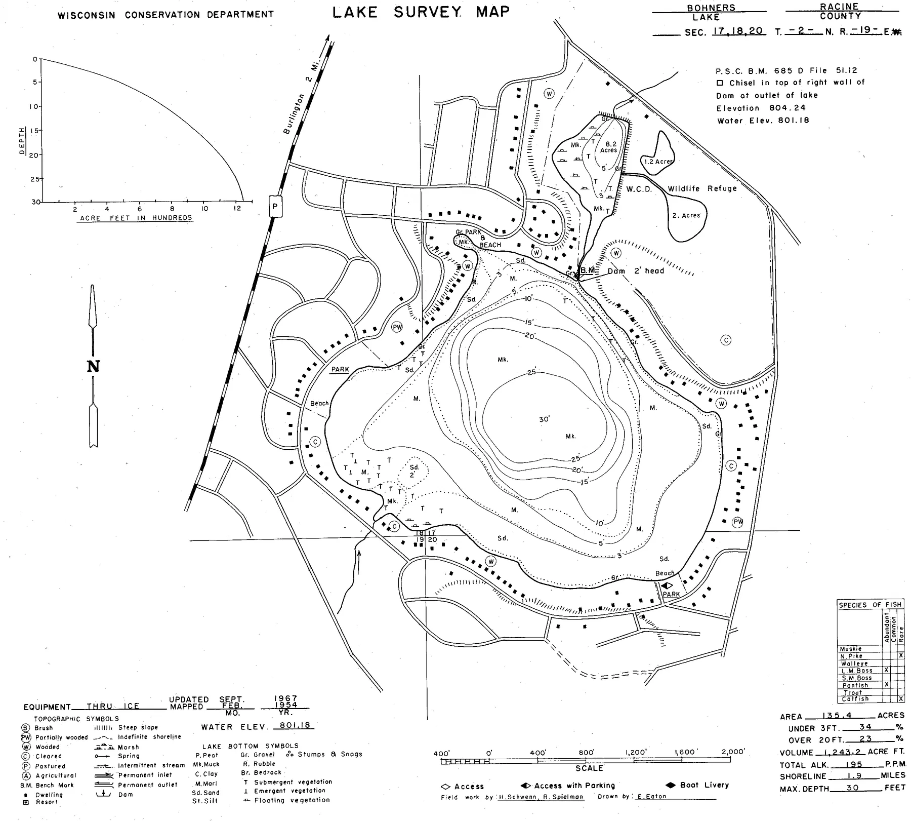 Bohner Lake historical Wisconsin DNR depth map sheet 1