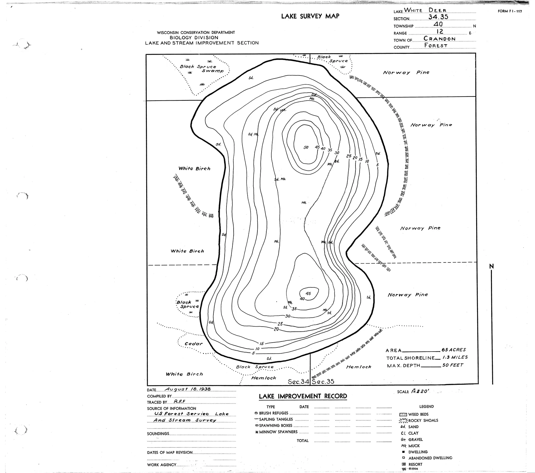 White Deer Lake historical Wisconsin DNR depth map sheet 1