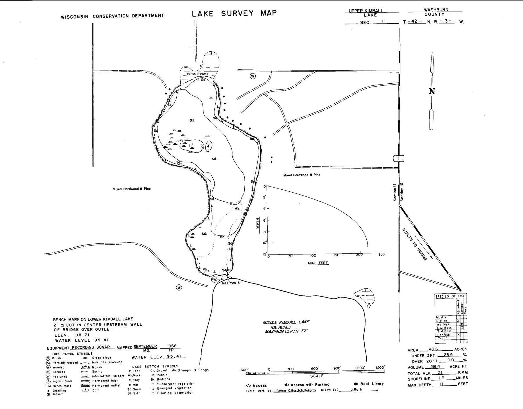 Upper Kimball Lake historical Wisconsin DNR depth map sheet 1
