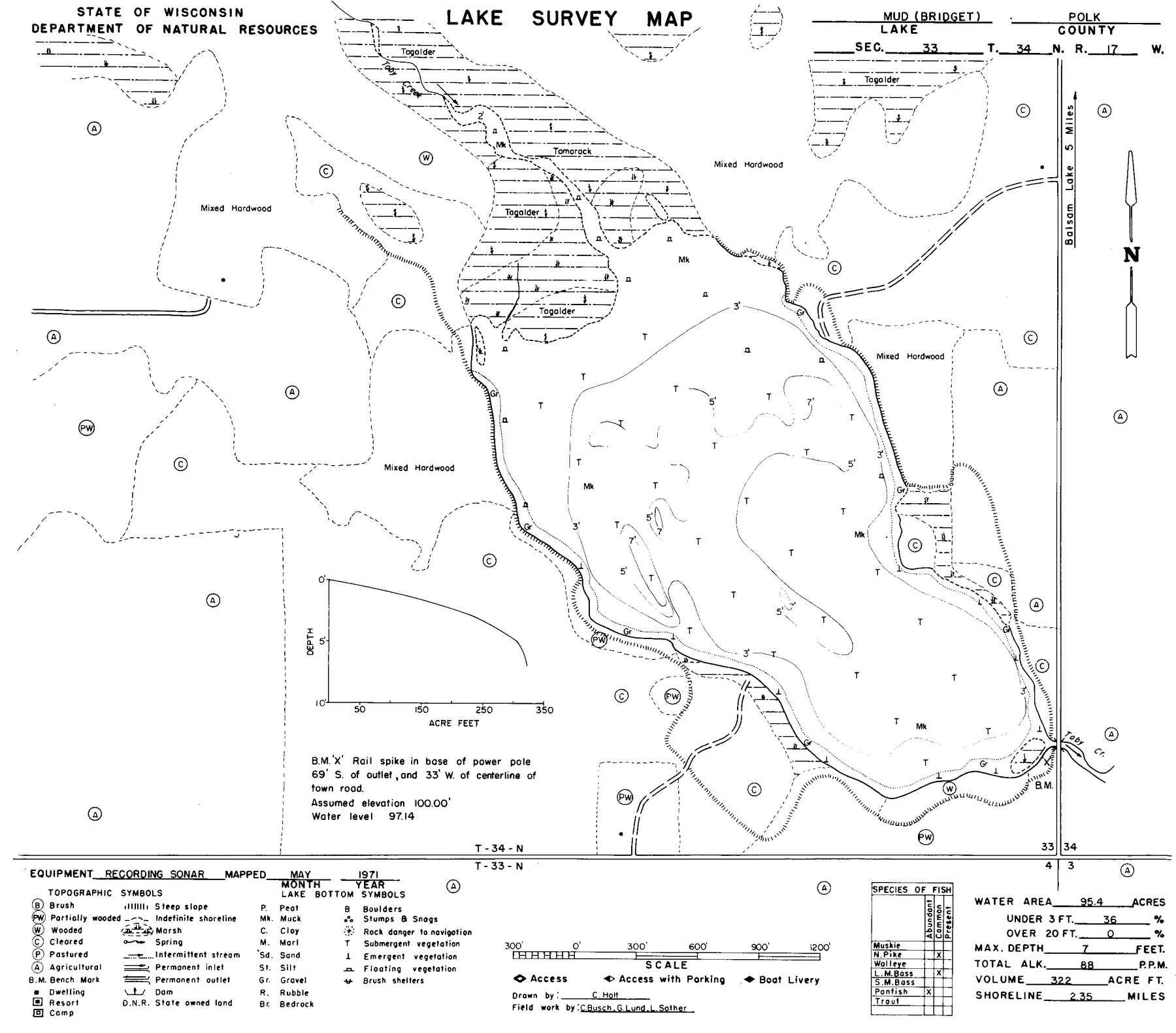 Mud Lake historical Wisconsin DNR depth map sheet 1