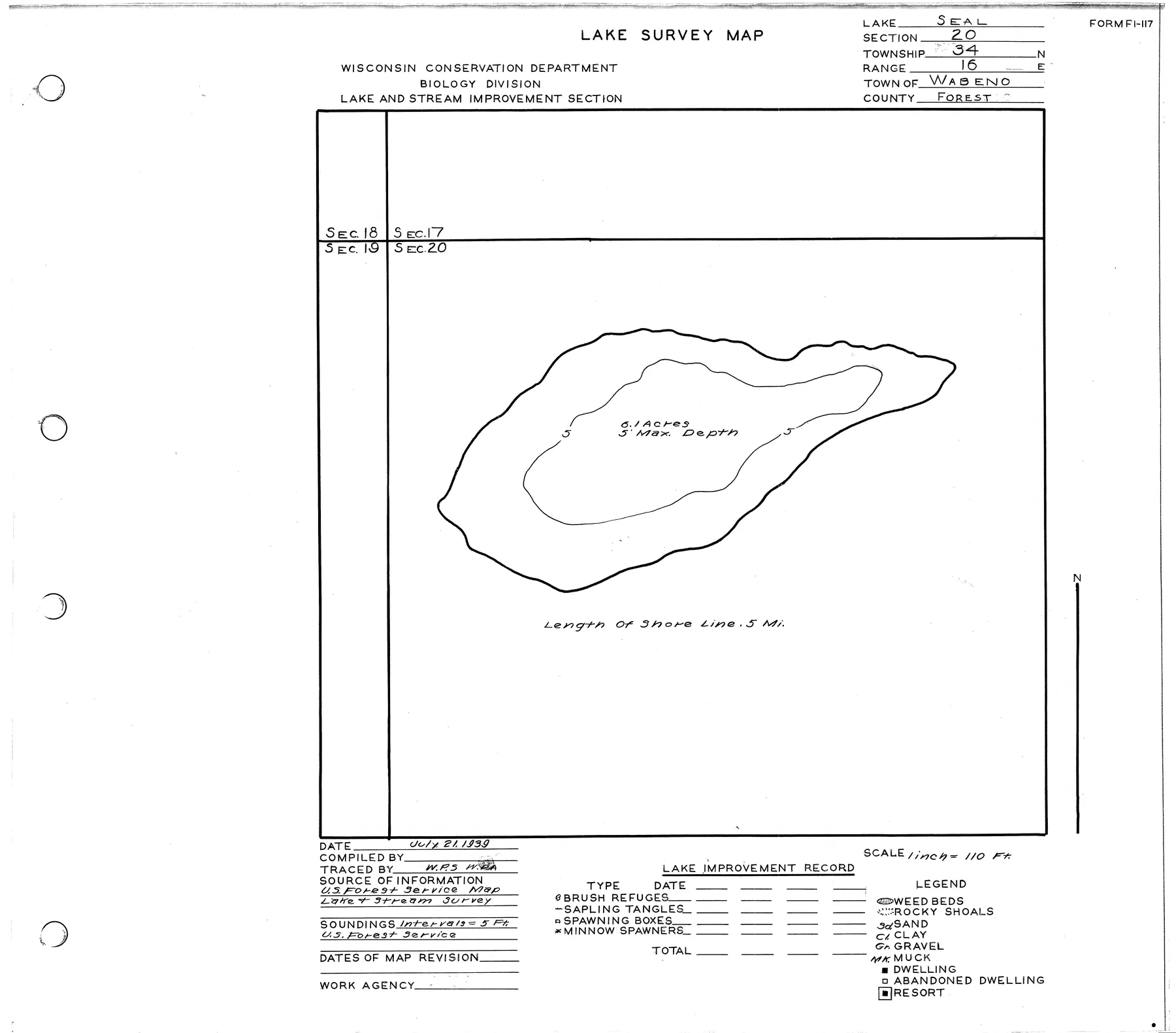 Seal Lake historical Wisconsin DNR depth map sheet 1