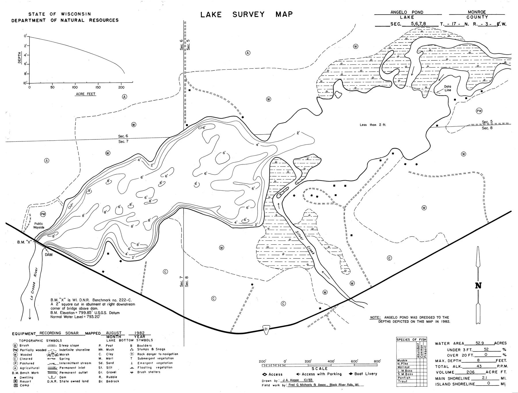 Angelo Pond historical Wisconsin DNR depth map sheet 1