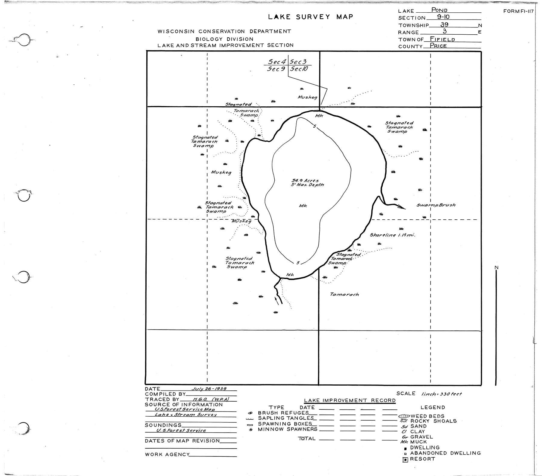 Pond Lake historical Wisconsin DNR depth map sheet 1