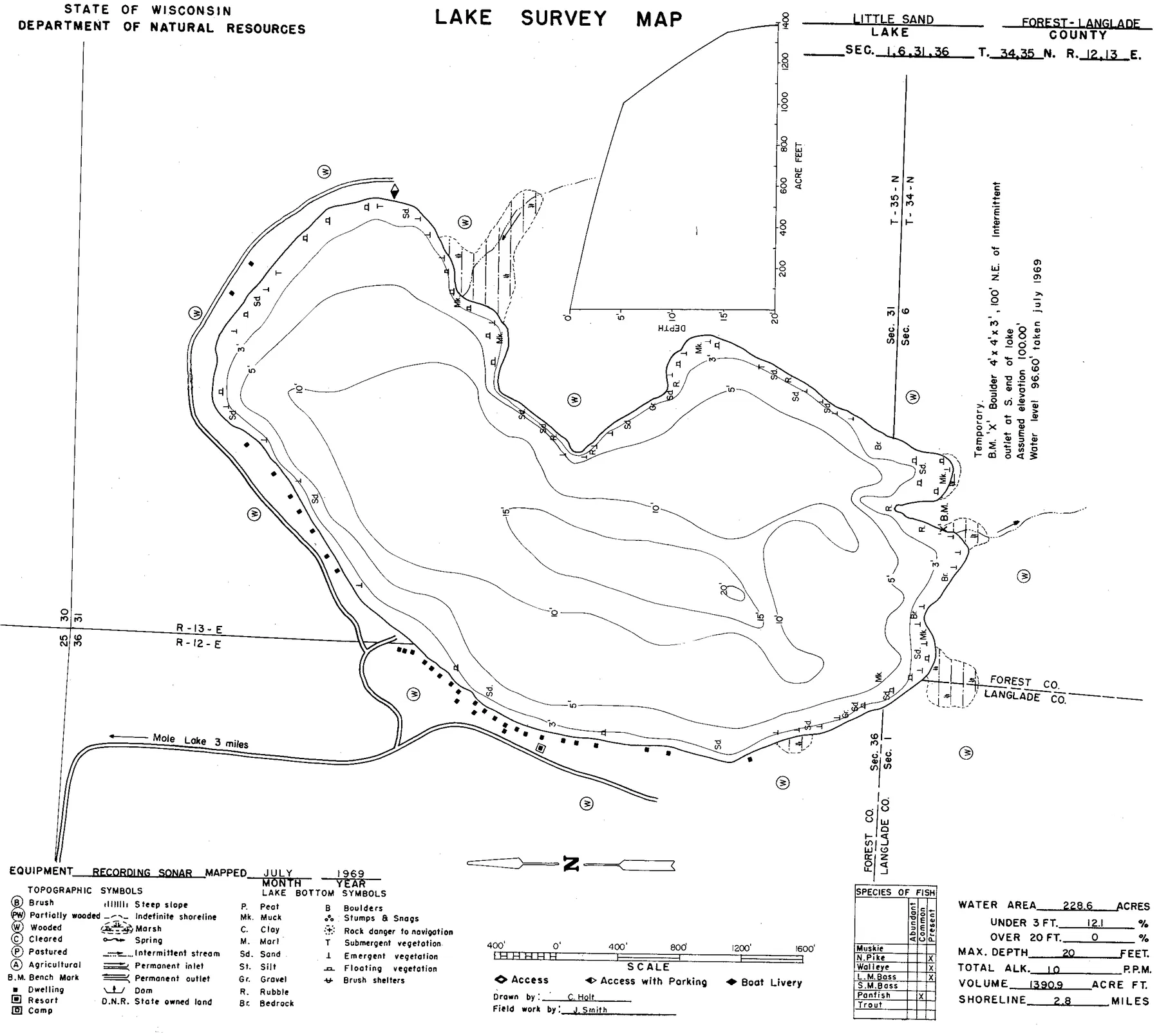 Little Sand Lake historical Wisconsin DNR depth map sheet 1