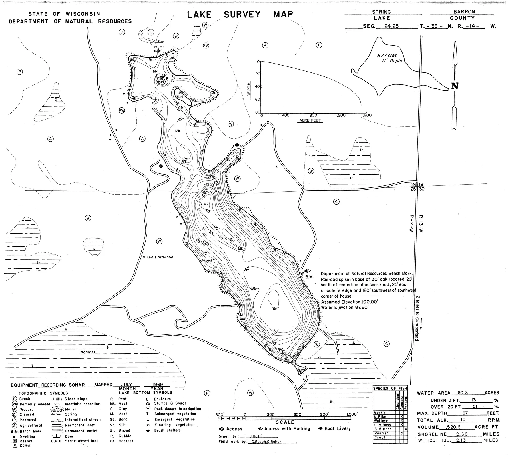 Spring Lake historical Wisconsin DNR depth map sheet 1