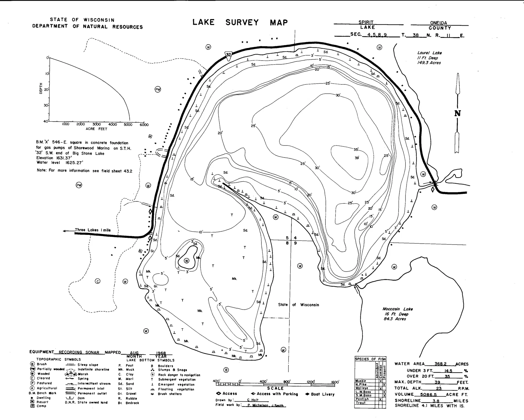 Spirit Lake historical Wisconsin DNR depth map sheet 1