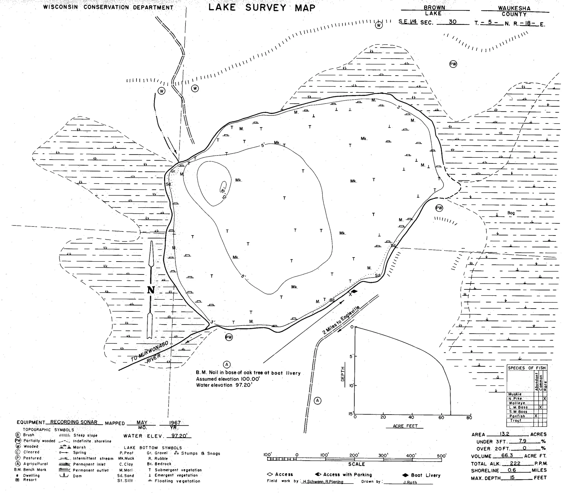 Brown Lake historical Wisconsin DNR depth map sheet 1