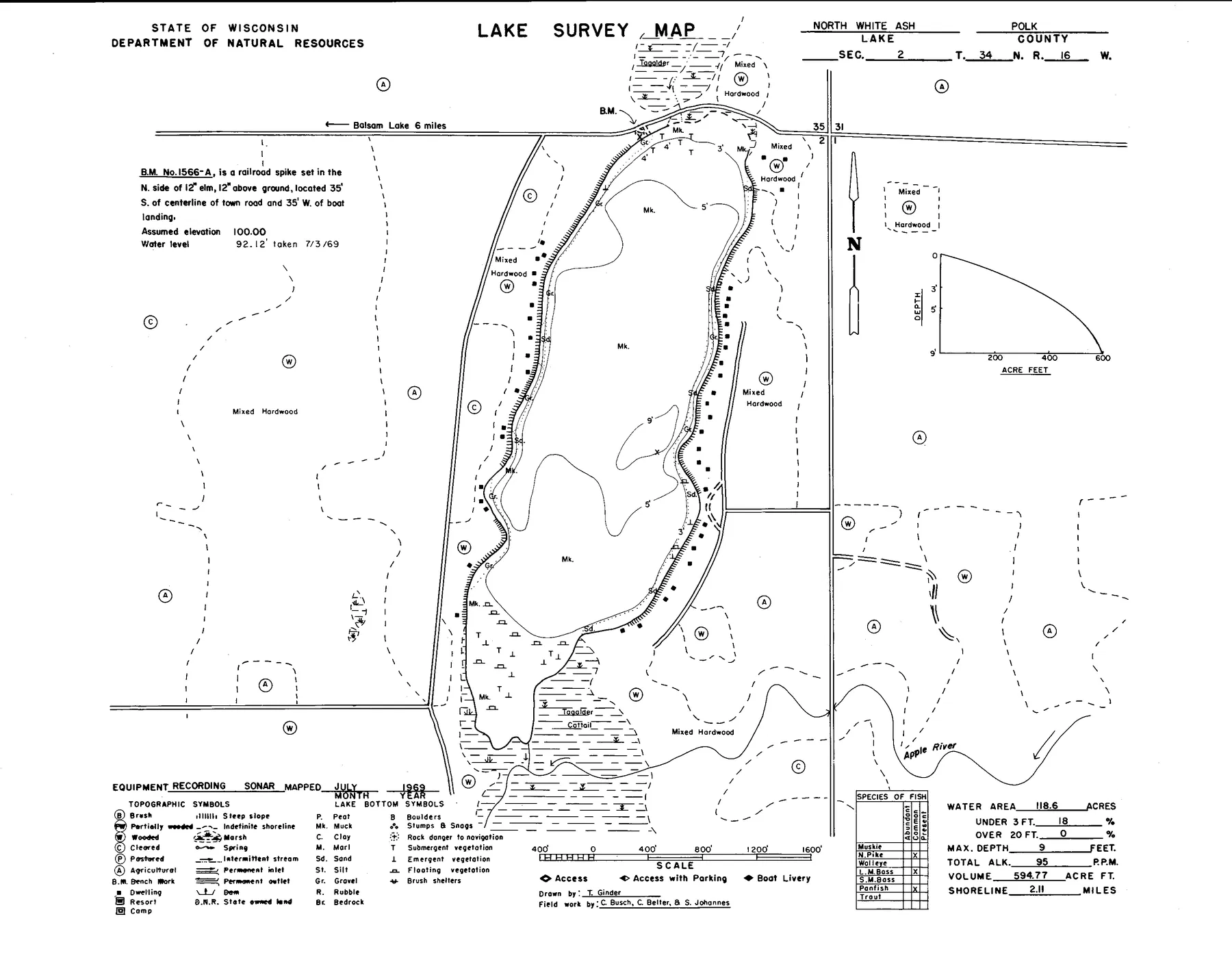 White Ash Lake historical Wisconsin DNR depth map sheet 1