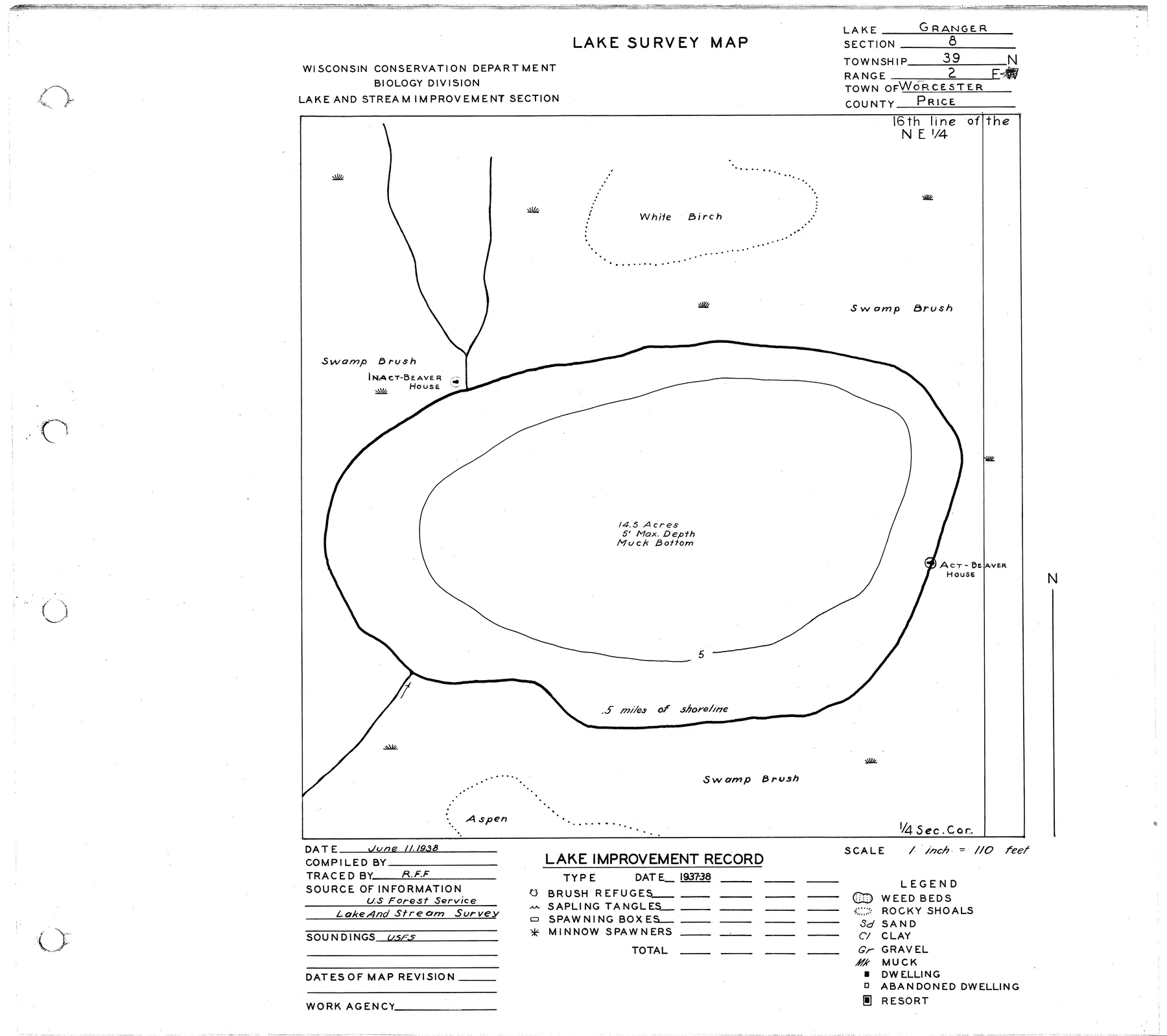 Granger Lake historical Wisconsin DNR depth map sheet 1