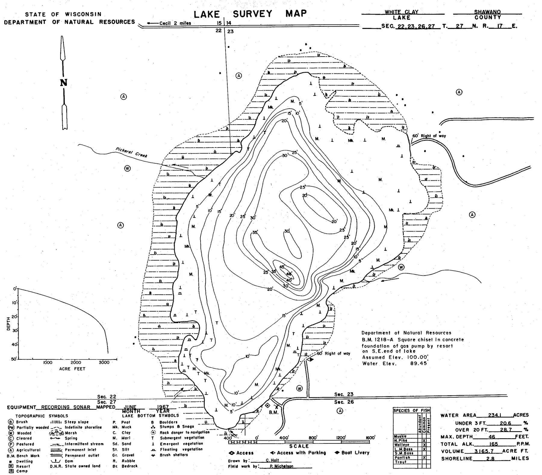 White Clay Lake historical Wisconsin DNR depth map sheet 1
