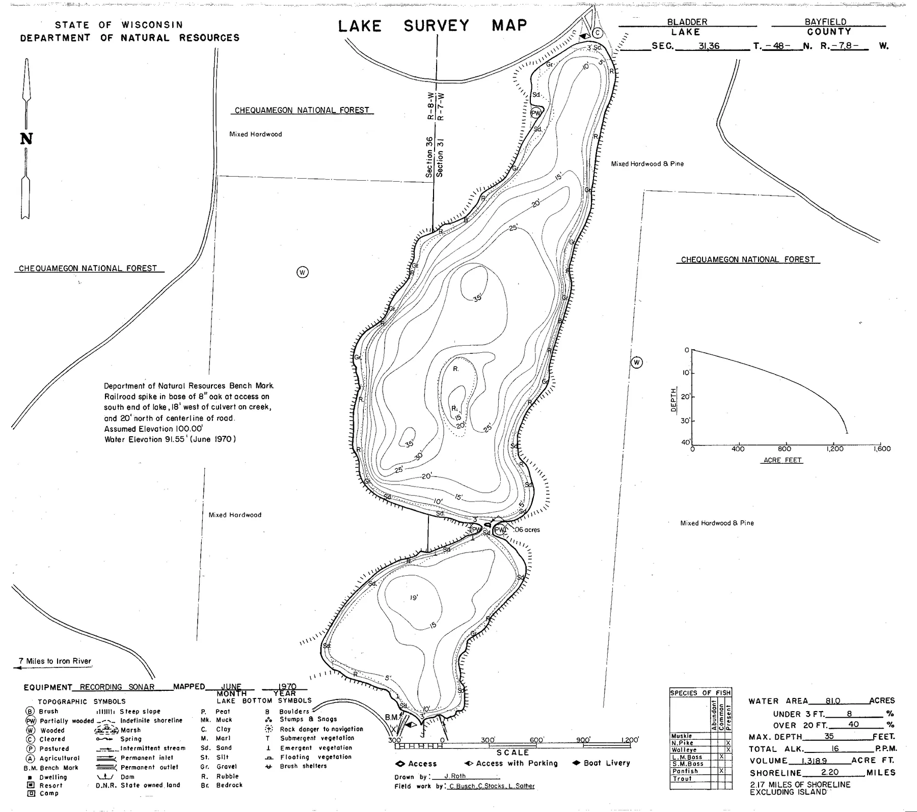Bladder Lake historical Wisconsin DNR depth map sheet 1