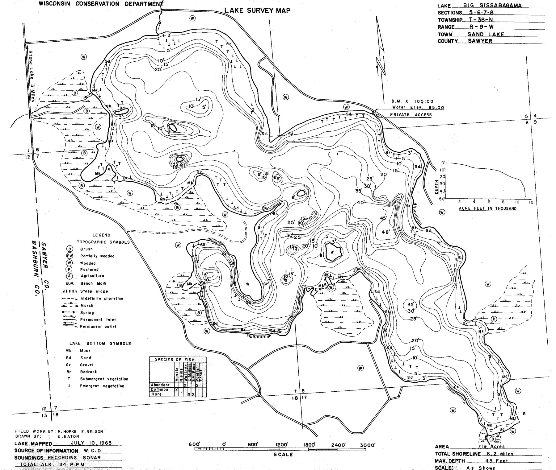 Sissabagama Lake historical Wisconsin DNR depth map sheet 1