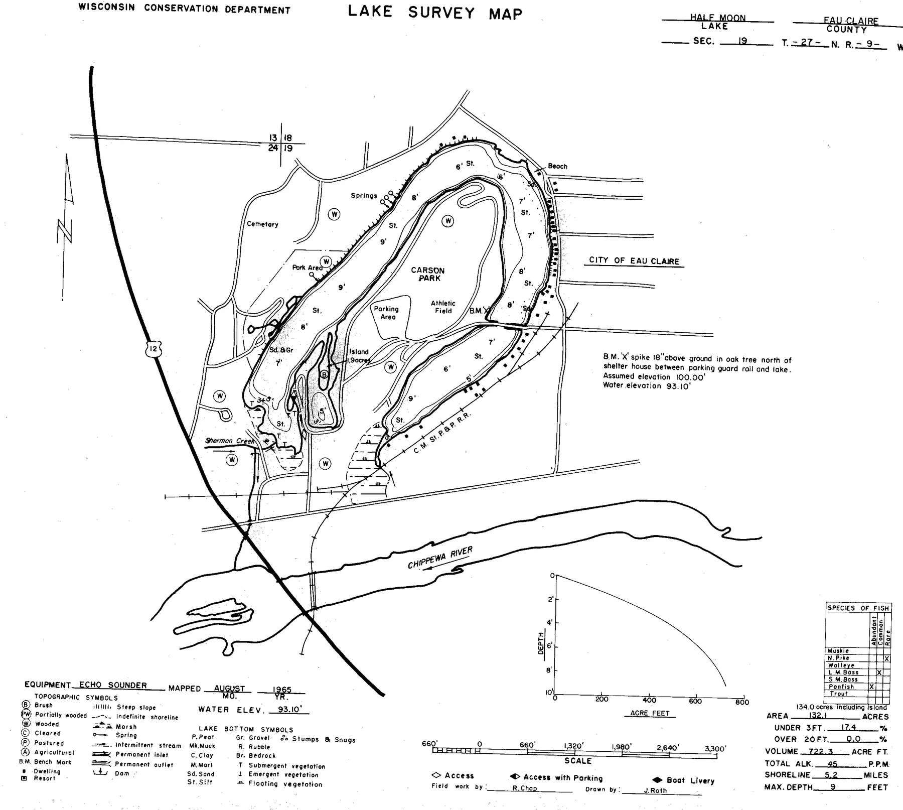 Halfmoon Lake historical Wisconsin DNR depth map sheet 1