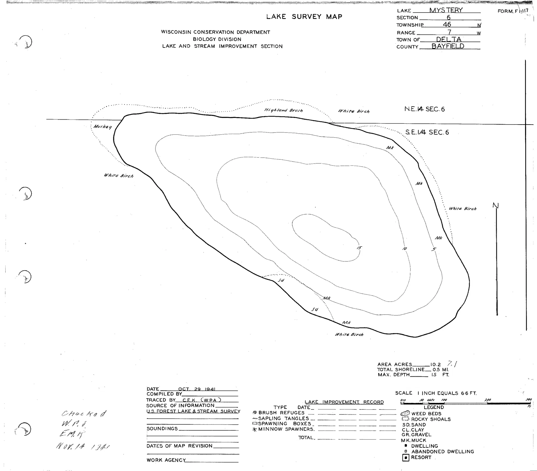 Mystery Lake historical Wisconsin DNR depth map sheet 1