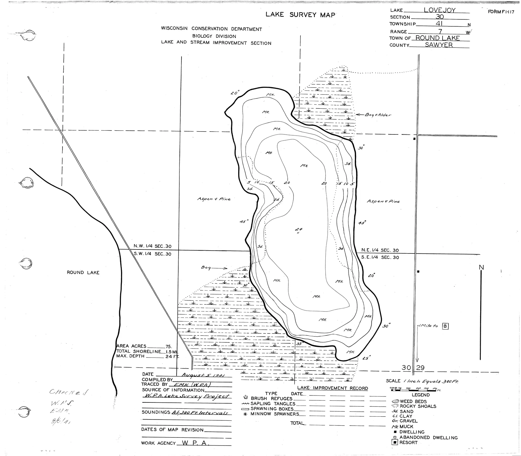 Lovejoy Lake historical Wisconsin DNR depth map sheet 1