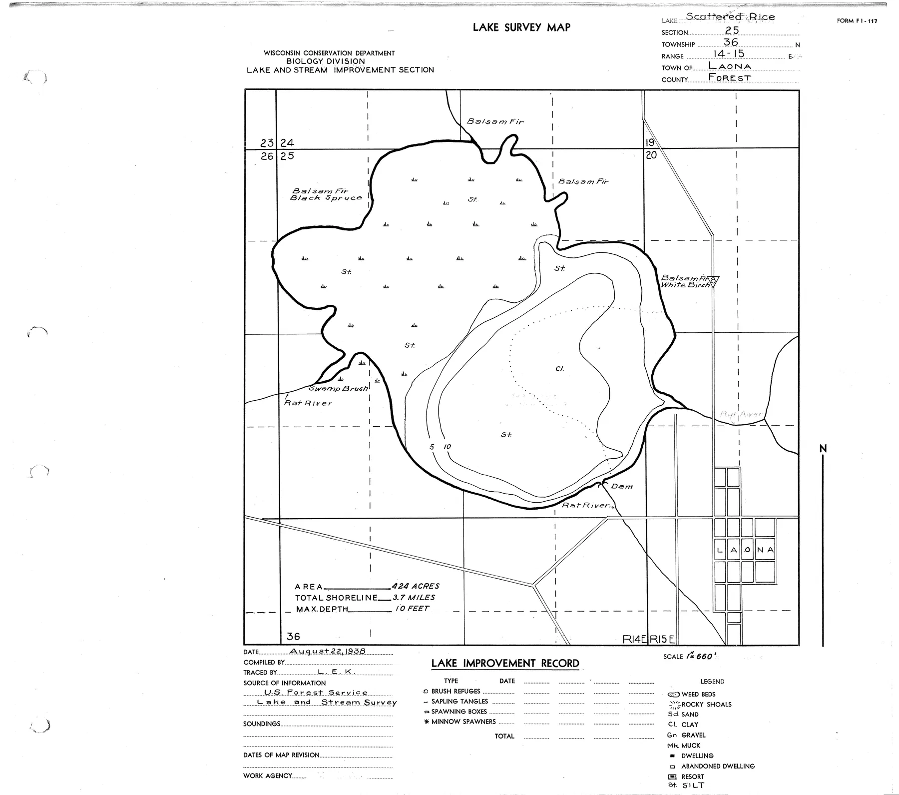 Scattered Rice Lake historical Wisconsin DNR depth map sheet 1