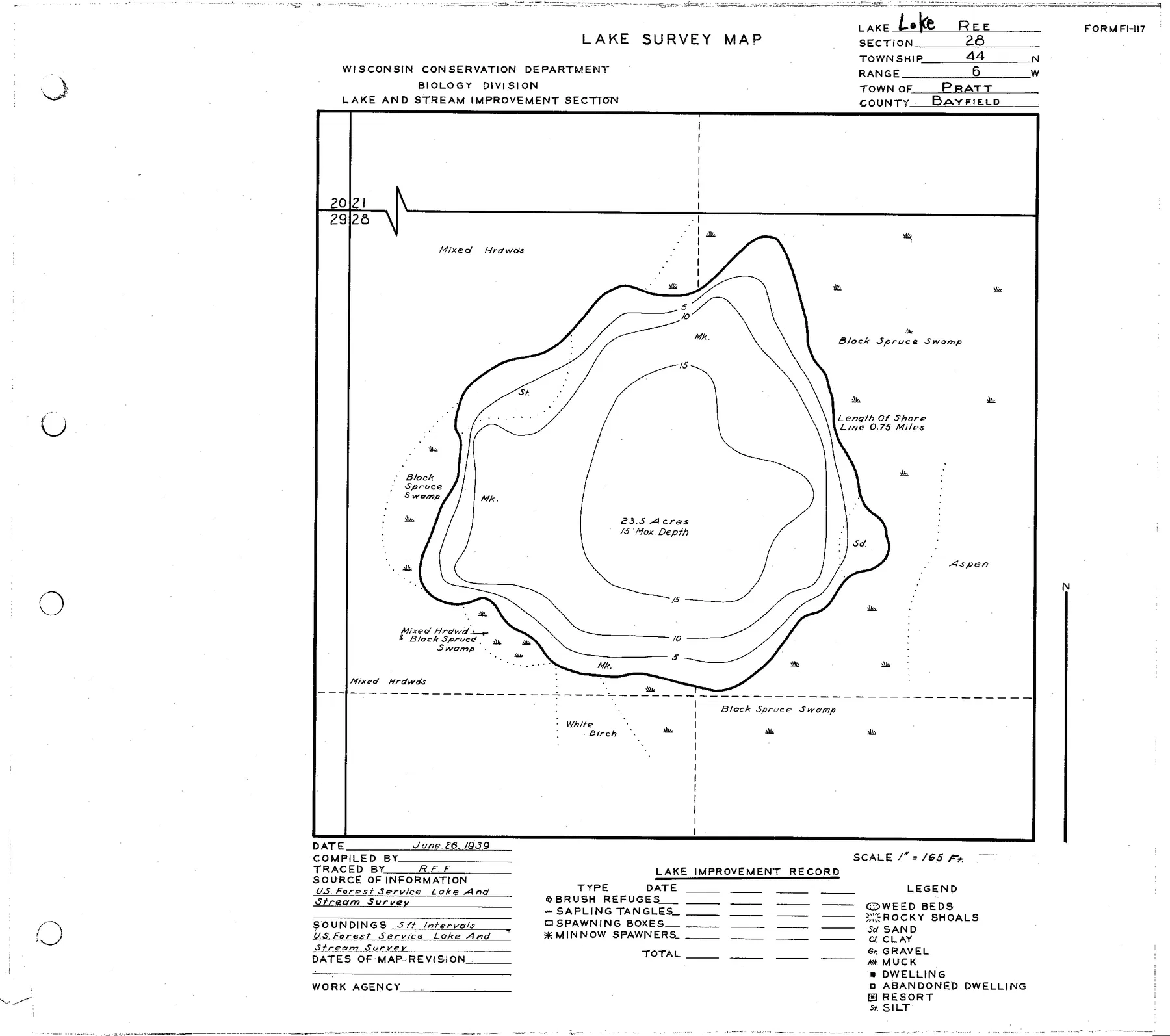 Lake Ree historical Wisconsin DNR depth map sheet 1
