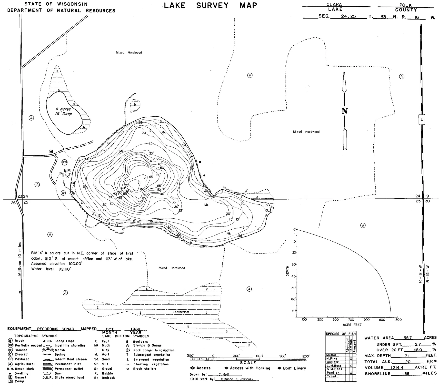 Clara Lake historical Wisconsin DNR depth map sheet 1