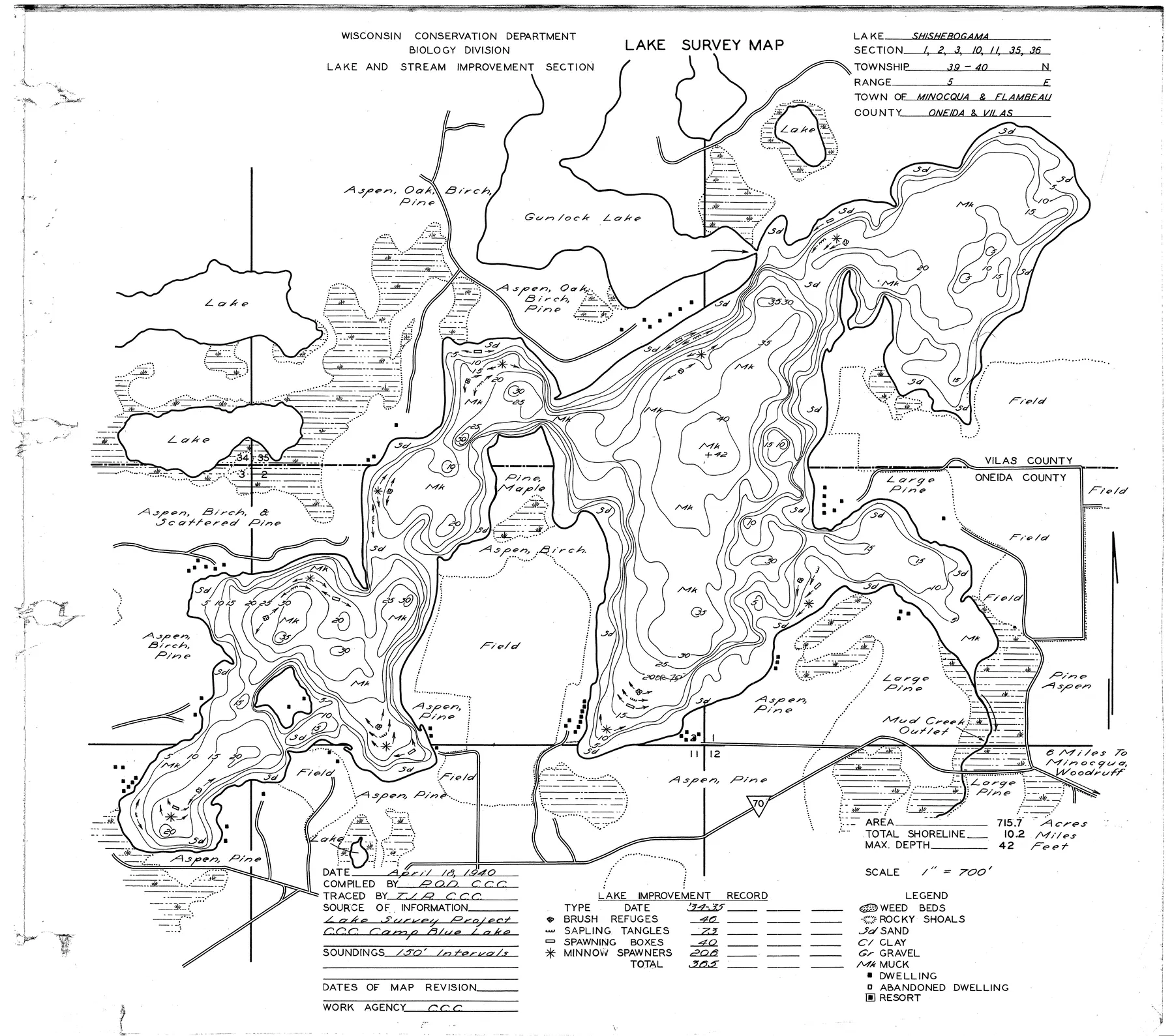 Shishebogama Lake historical Wisconsin DNR depth map sheet 1