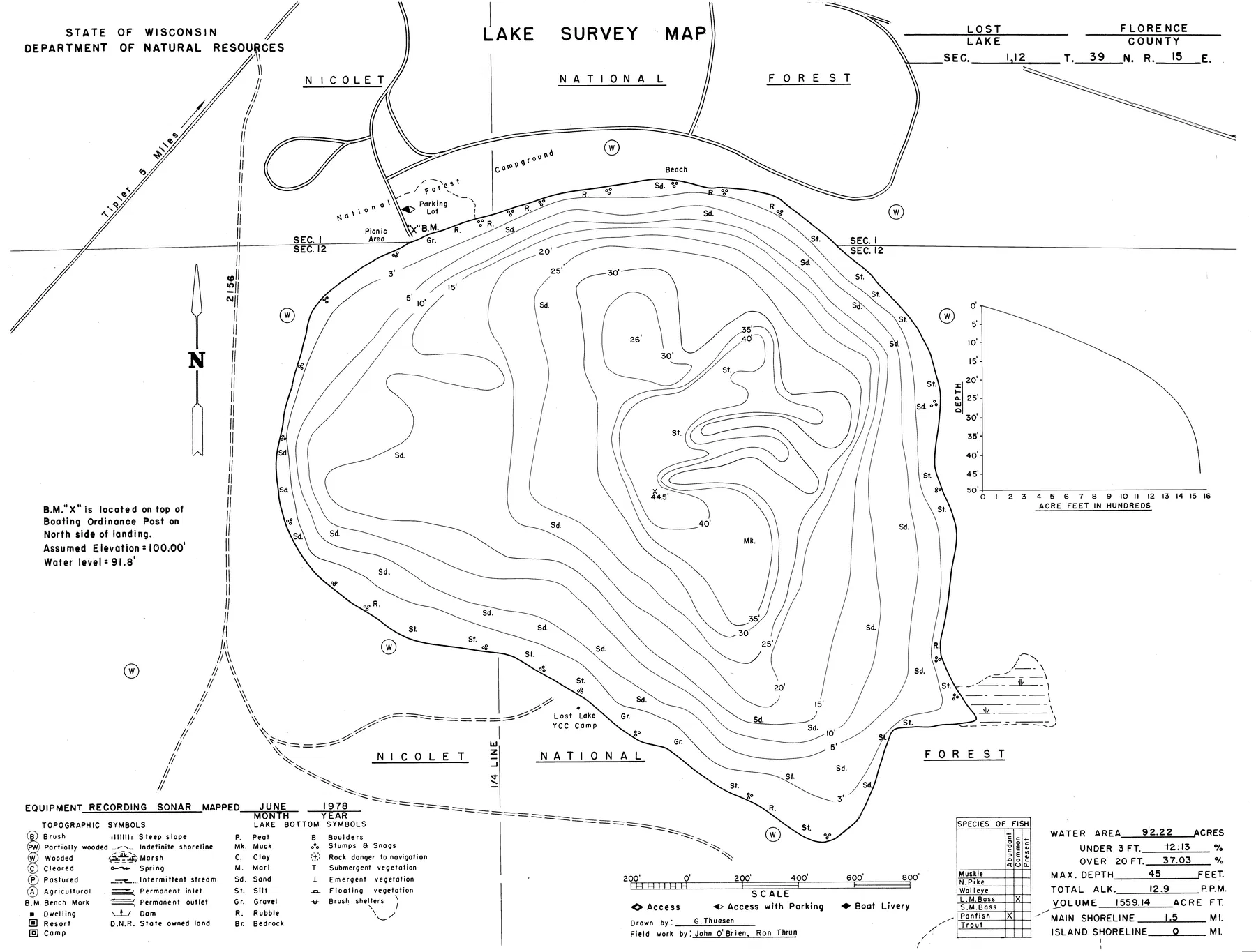 Lost Lake historical Wisconsin DNR depth map sheet 1