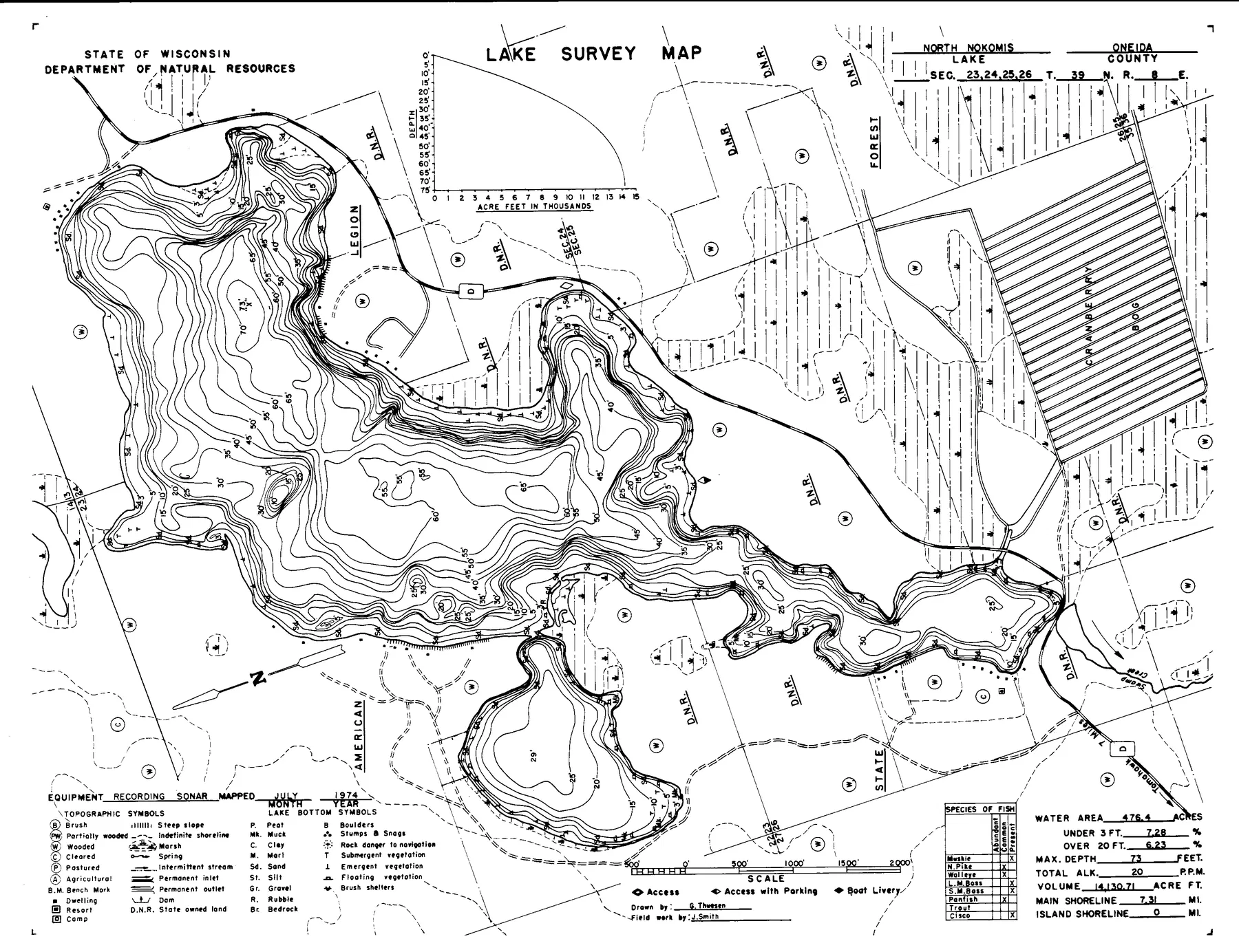North Nokomis Lake historical Wisconsin DNR depth map sheet 1