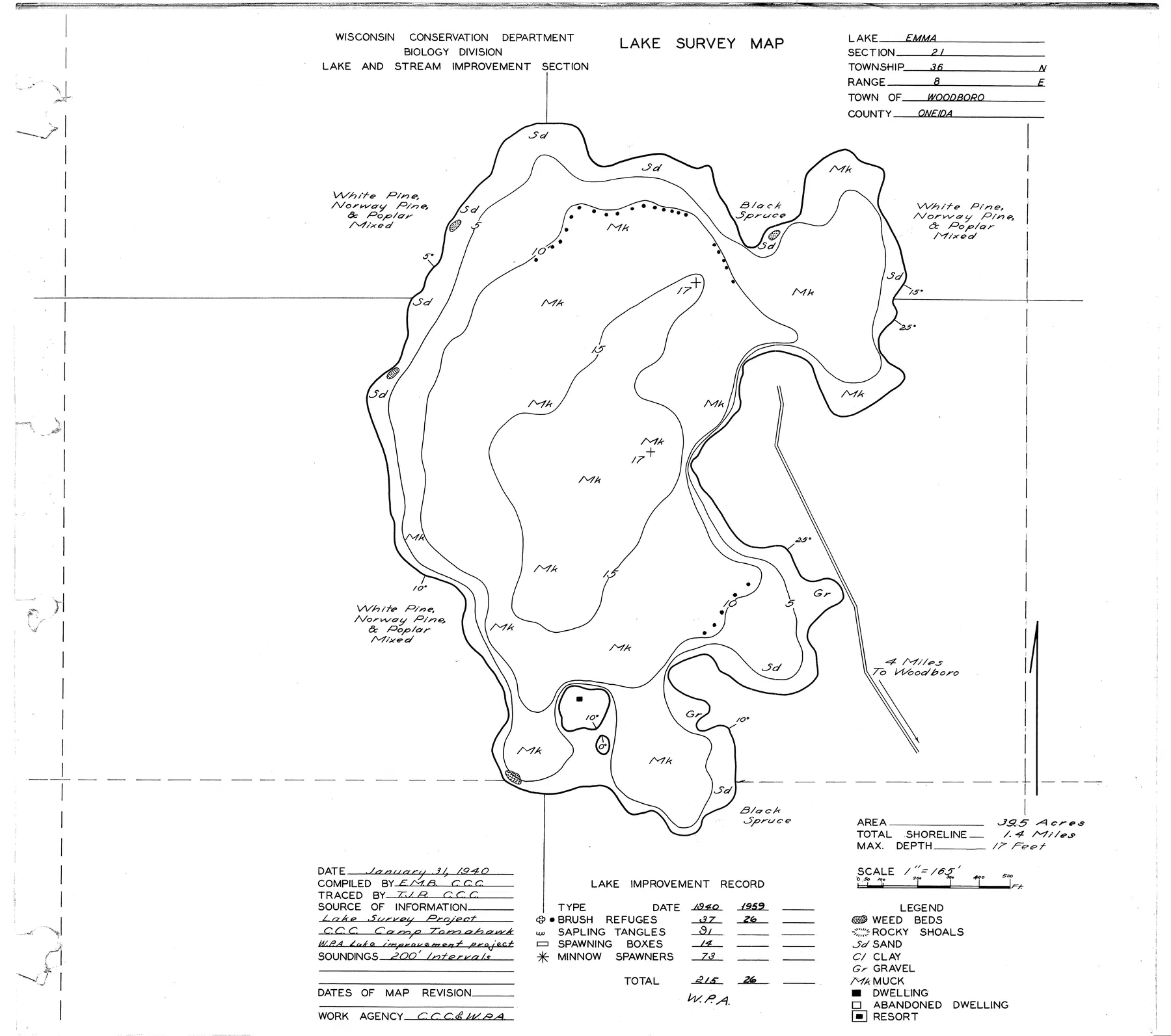 Emma Lake historical Wisconsin DNR depth map sheet 1