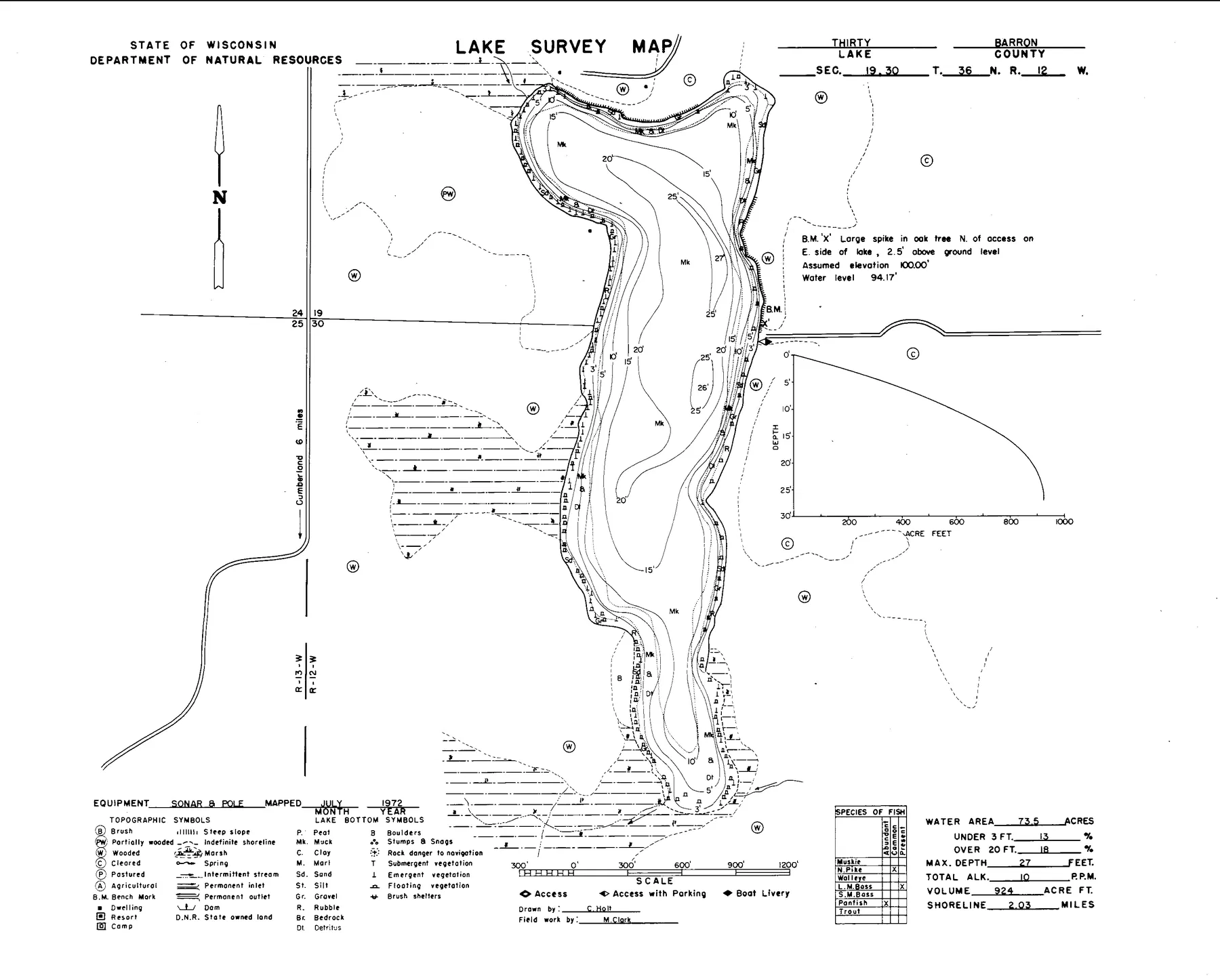 Lake Thirty historical Wisconsin DNR depth map sheet 1