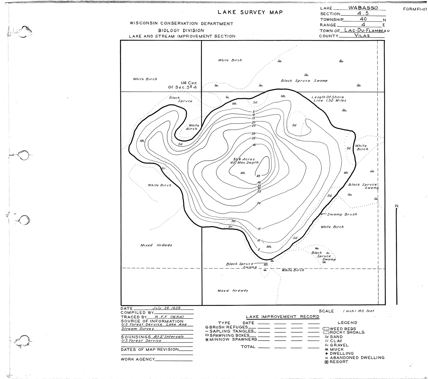 Wabasso Lake historical Wisconsin DNR depth map sheet 1