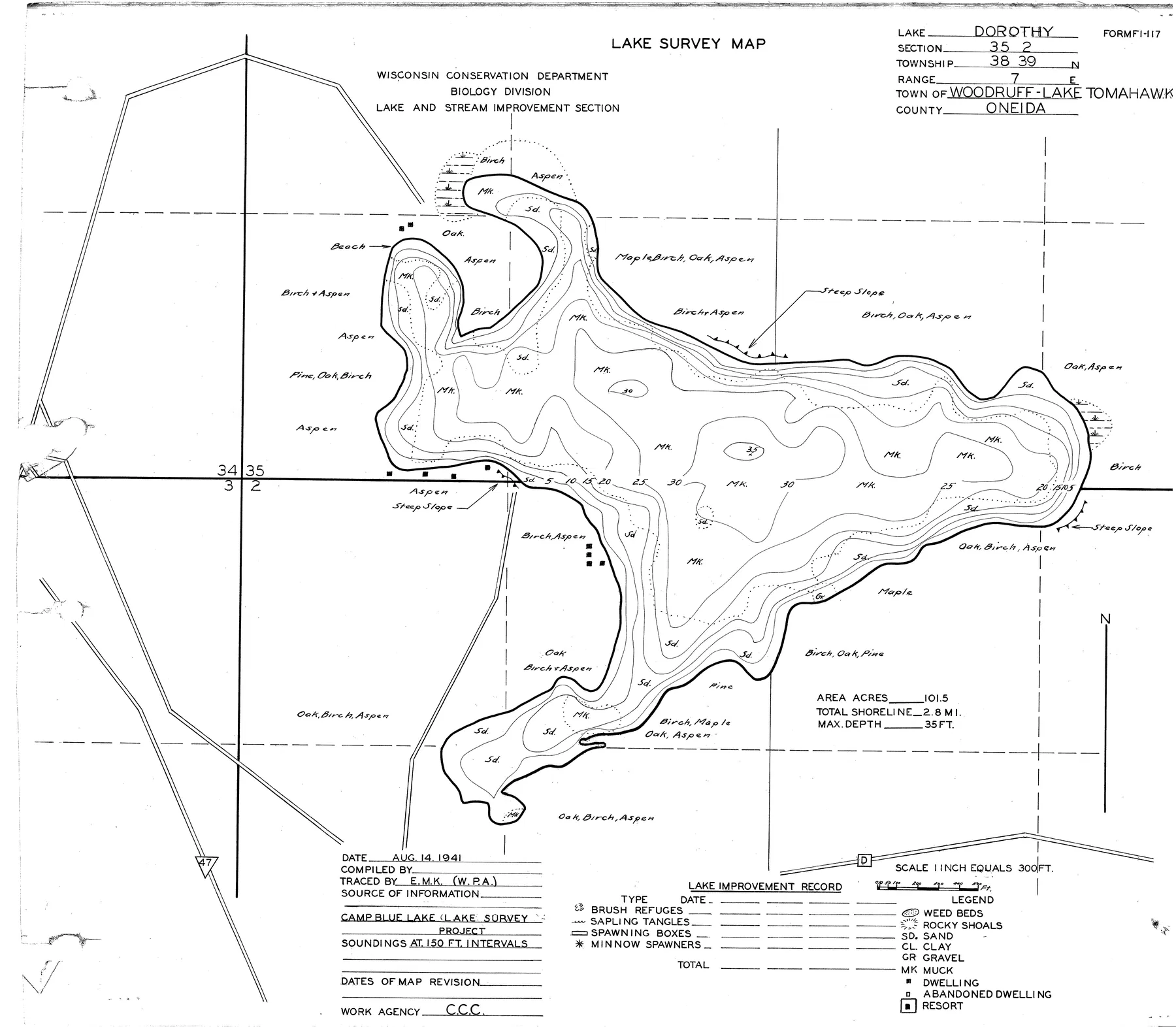 Dorothy Lake historical Wisconsin DNR depth map sheet 1