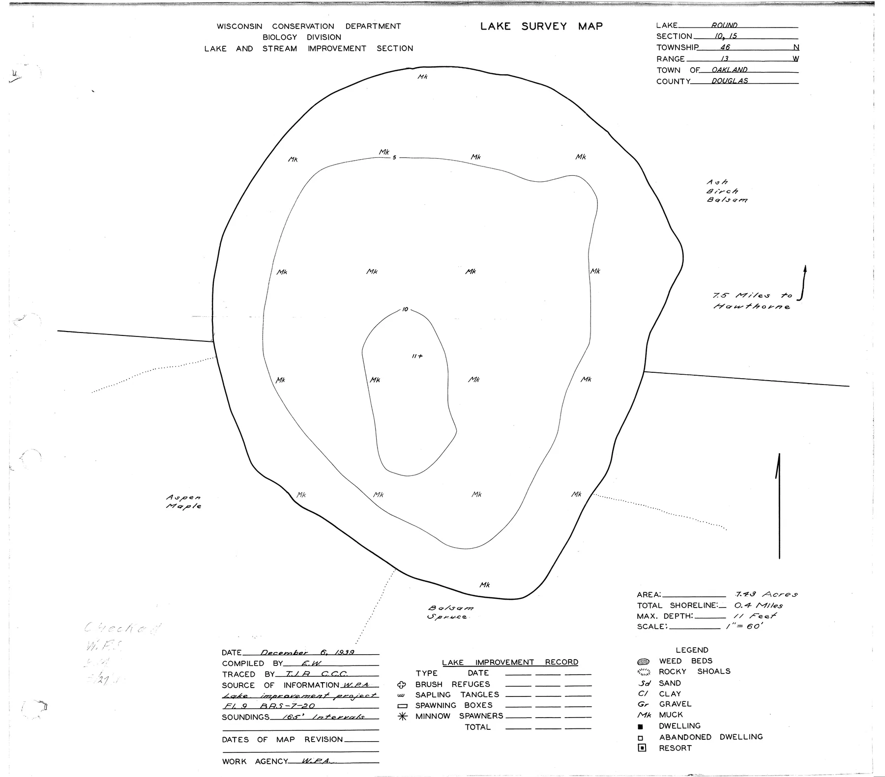 Round Lake historical Wisconsin DNR depth map sheet 1