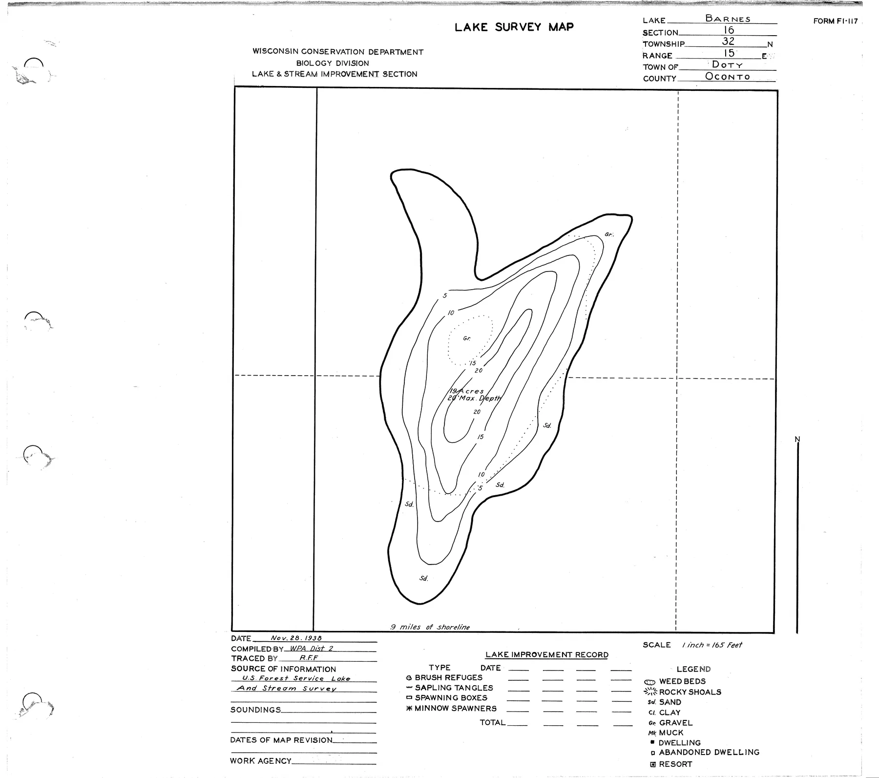 Barnes Lake historical Wisconsin DNR depth map sheet 1
