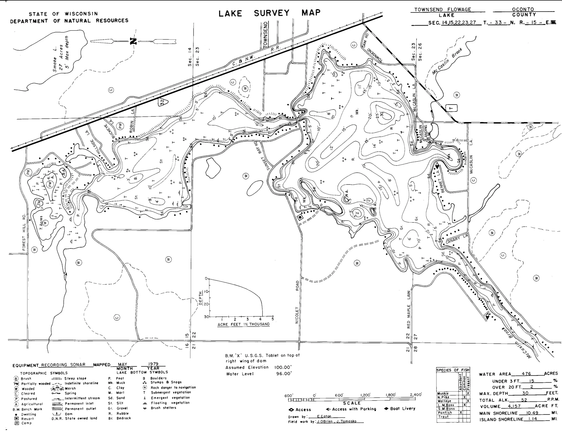 Townsend Flowage historical Wisconsin DNR depth map sheet 1