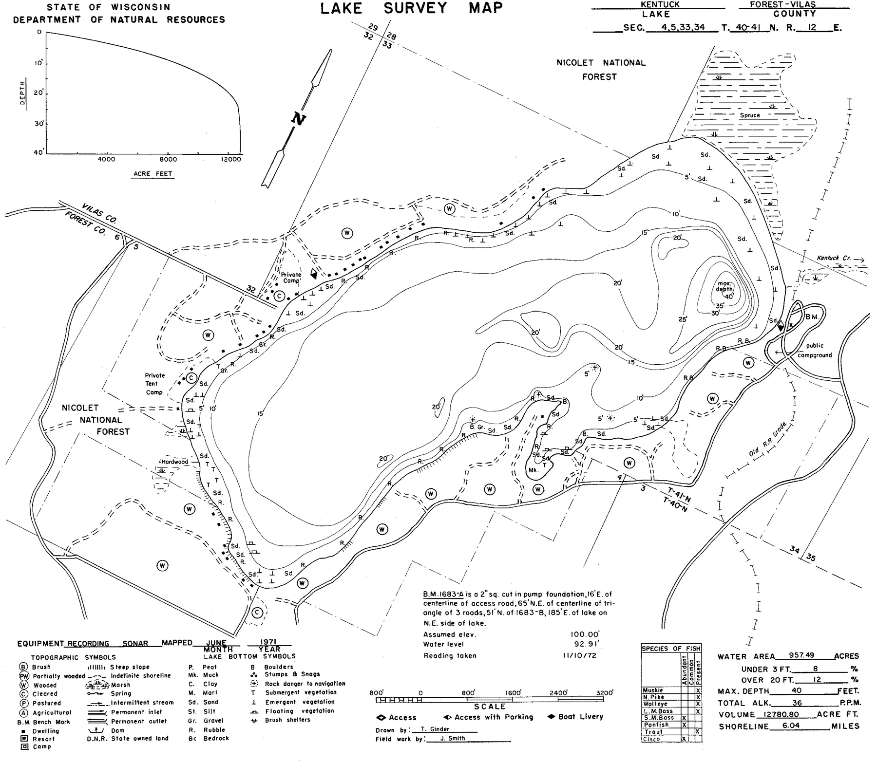 Kentuck Lake historical Wisconsin DNR depth map sheet 1