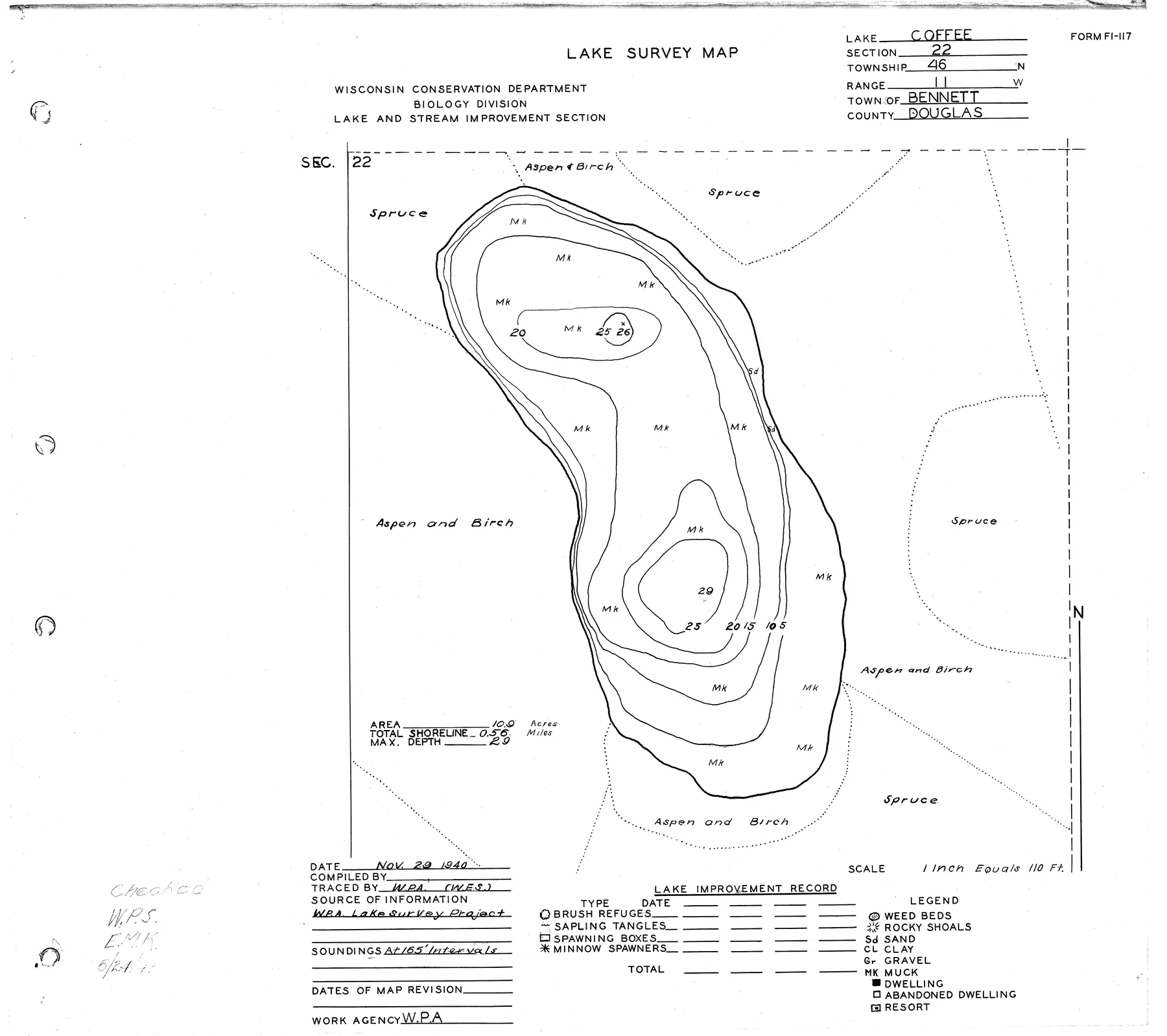 Coffee Lake historical Wisconsin DNR depth map sheet 1