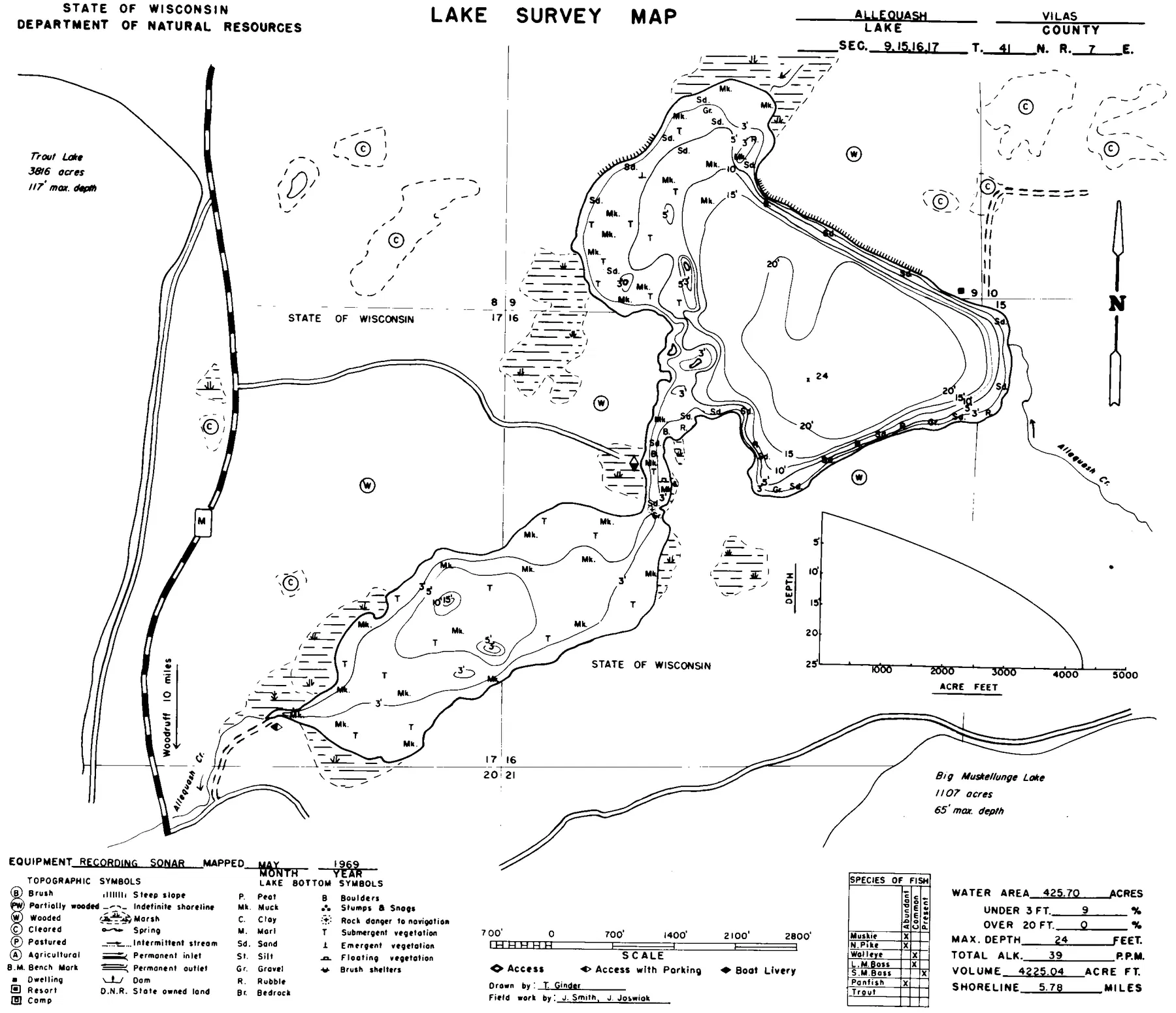 Allequash Lake historical Wisconsin DNR depth map sheet 1
