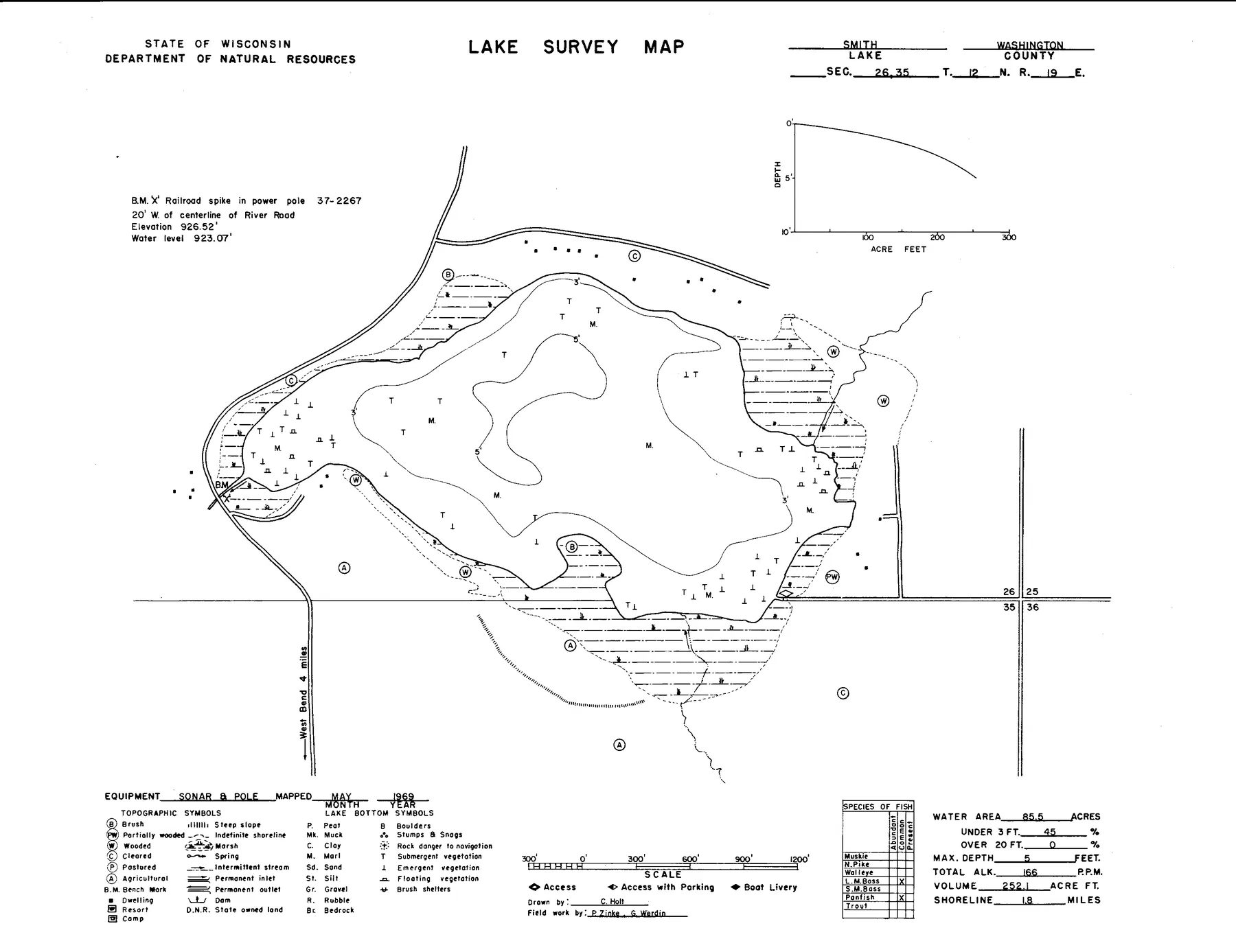 Smith Lake historical Wisconsin DNR depth map sheet 1