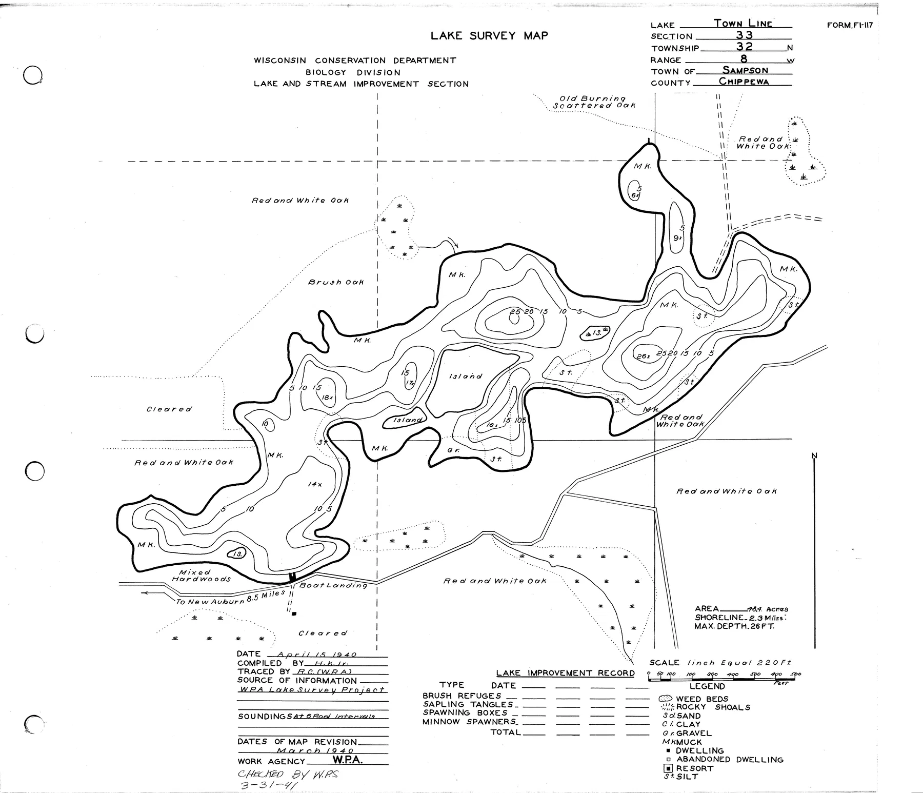 Town Line Lake historical Wisconsin DNR depth map sheet 1