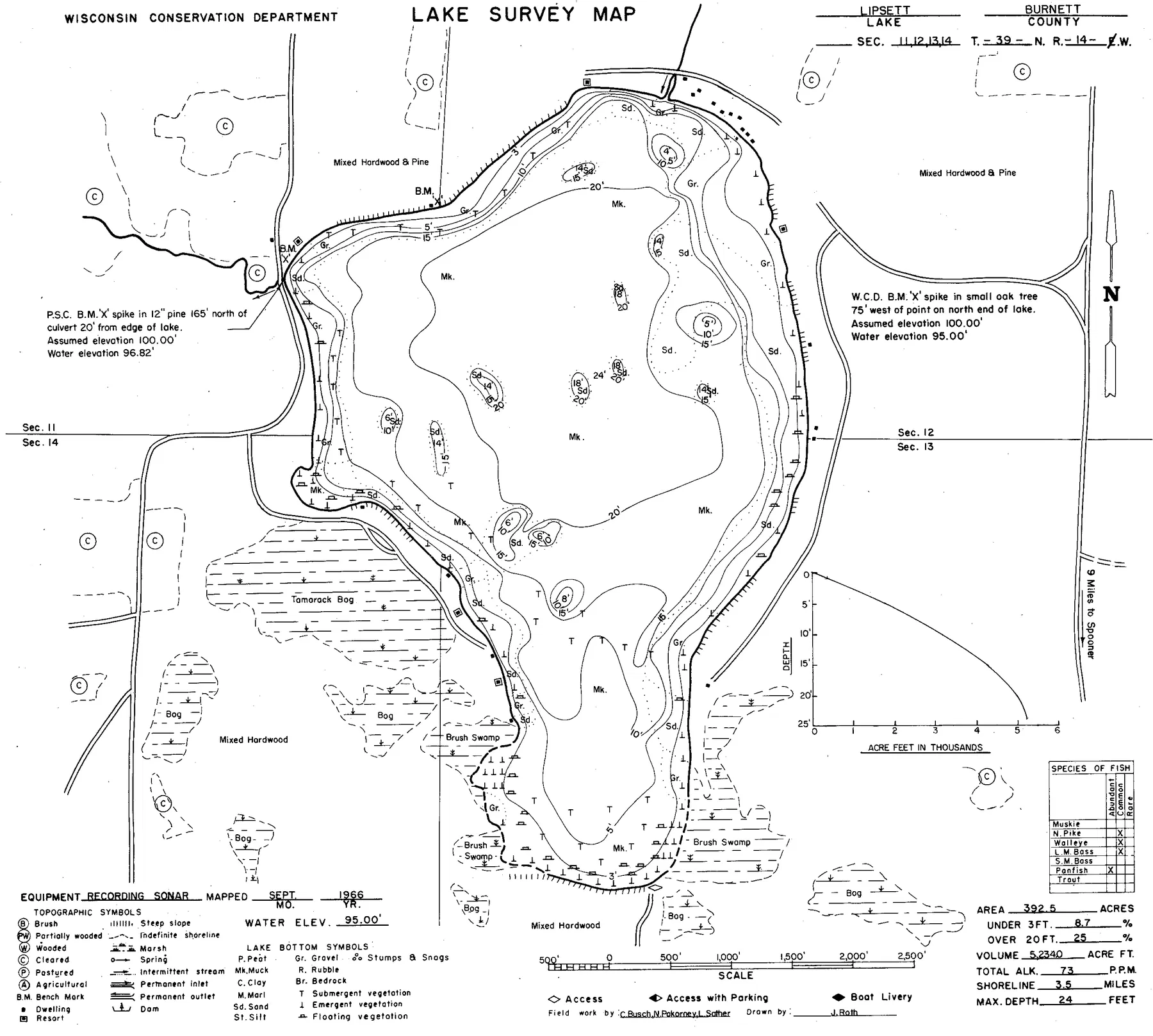 Lipsett Lake historical Wisconsin DNR depth map sheet 1