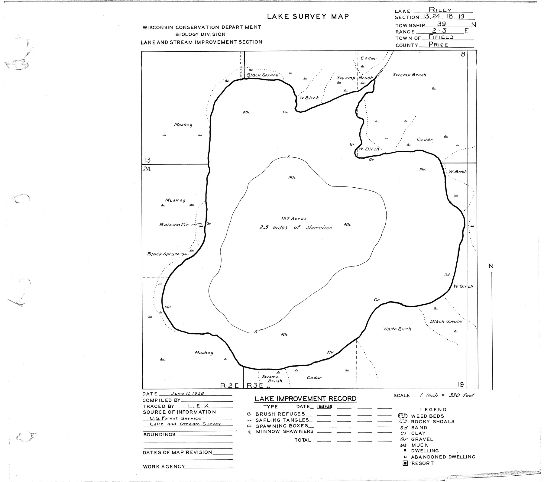 Riley Lake historical Wisconsin DNR depth map sheet 1