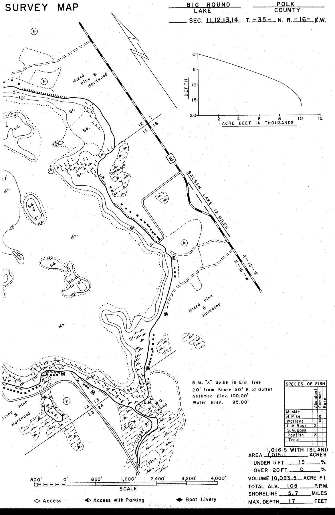 Big Round Lake historical Wisconsin DNR depth map sheet 1
