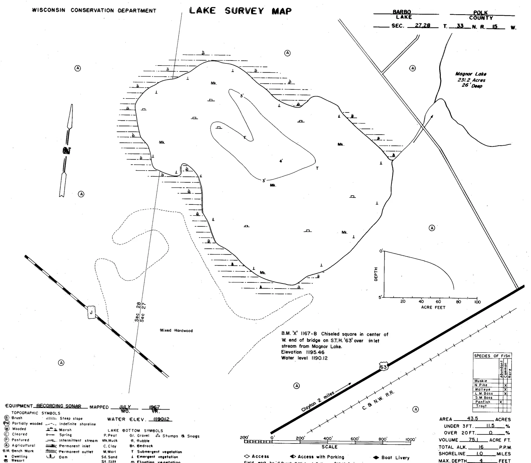 Barbo Lake historical Wisconsin DNR depth map sheet 1
