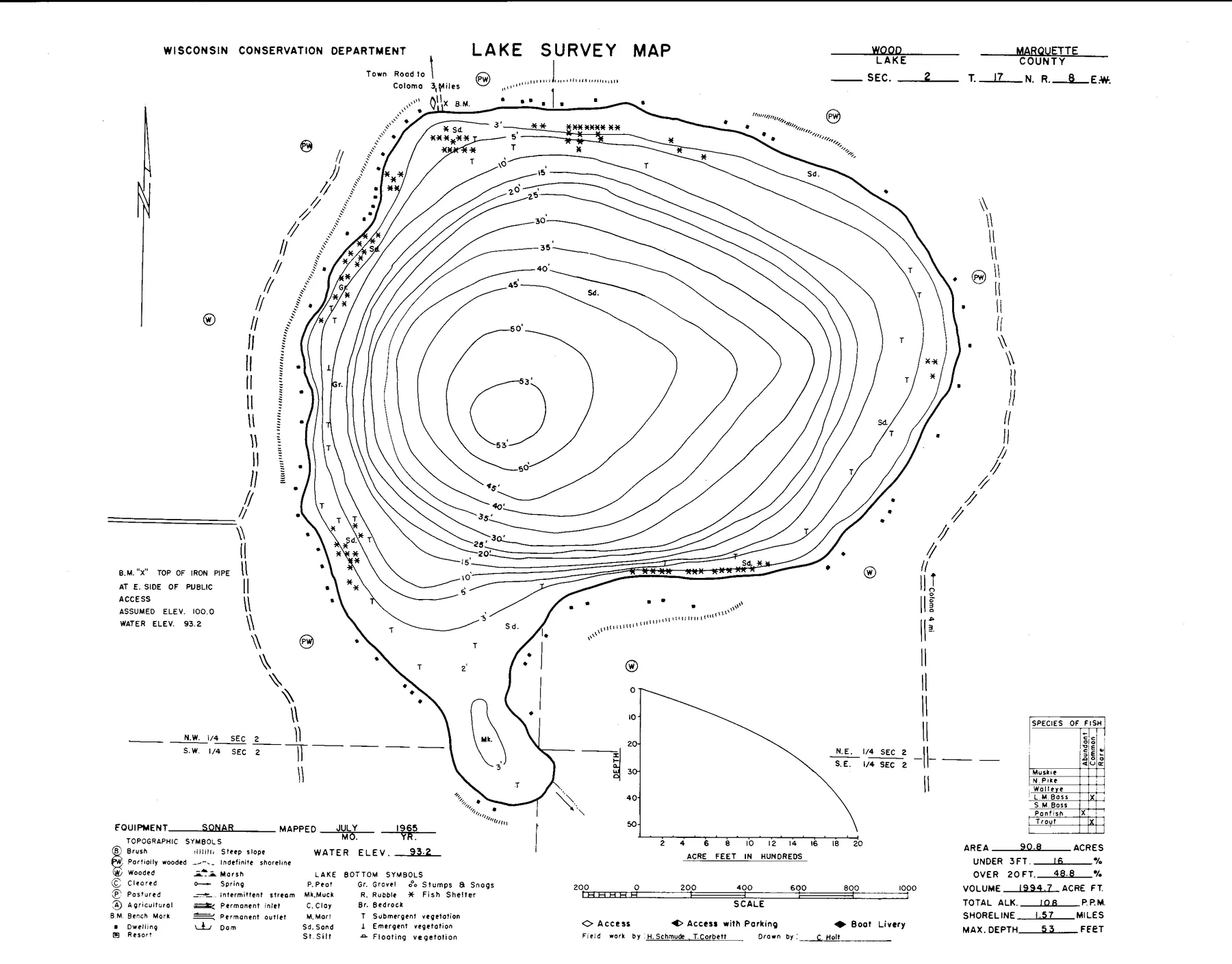 Wood Lake historical Wisconsin DNR depth map sheet 1