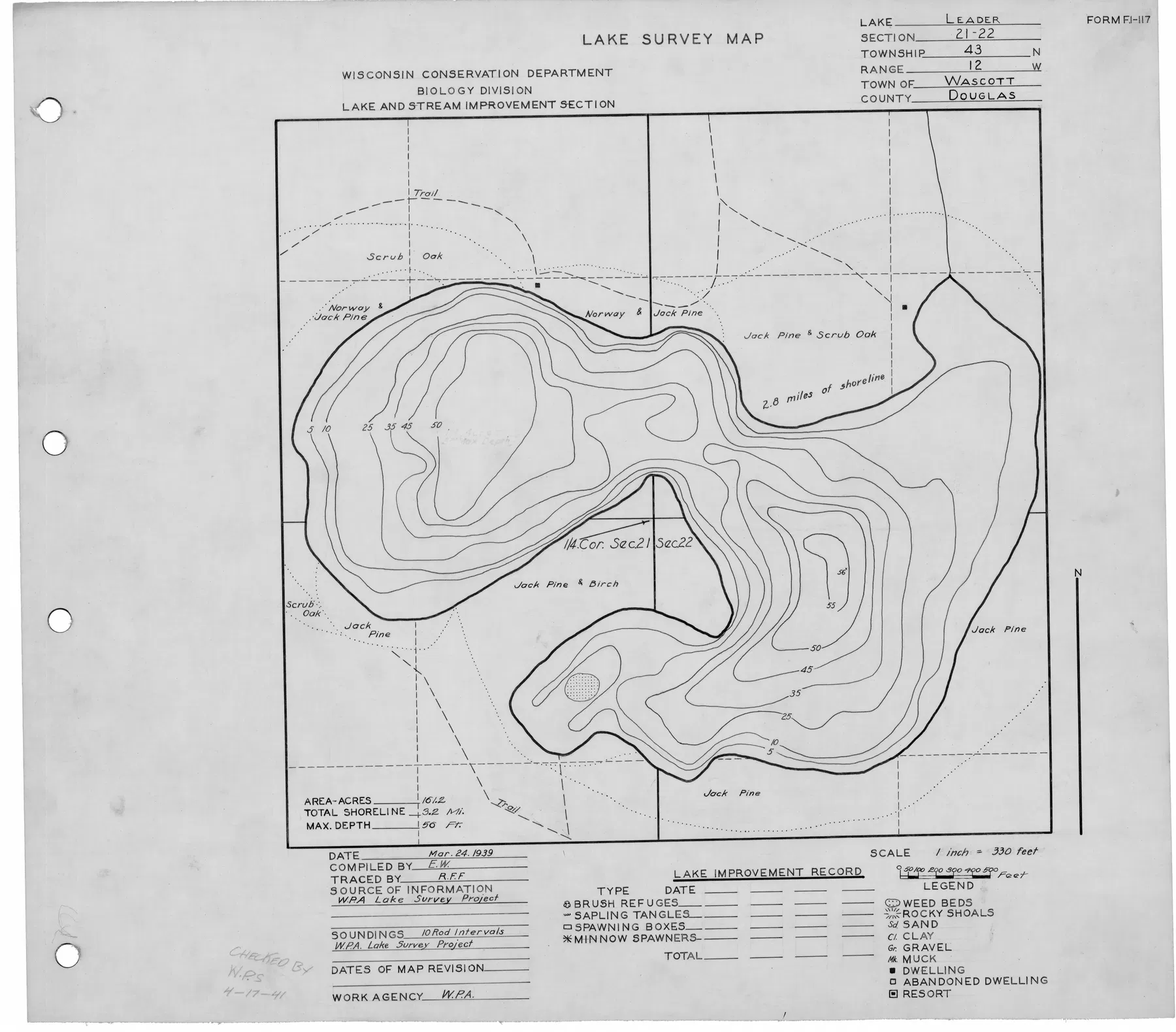 Leader Lake historical Wisconsin DNR depth map sheet 1