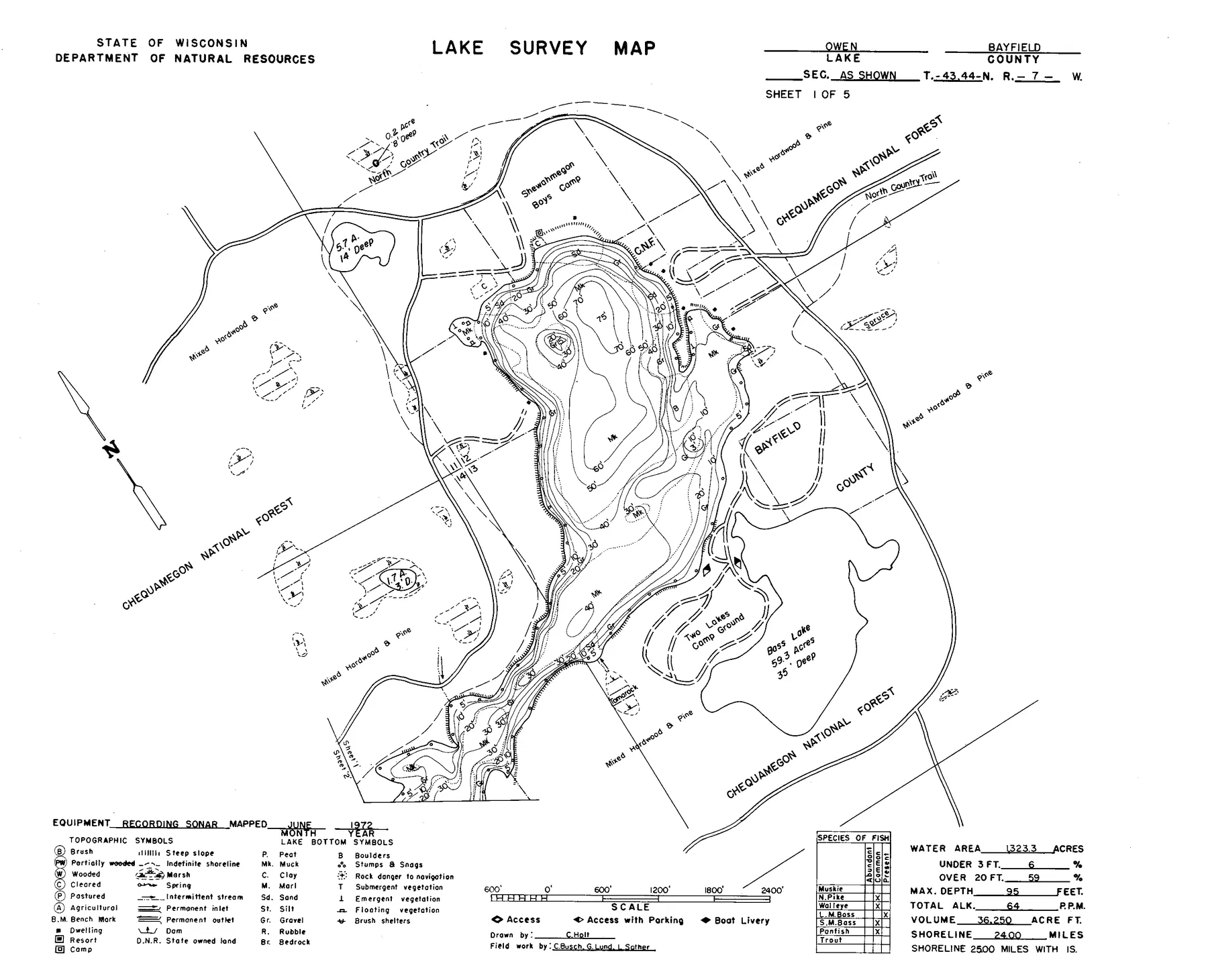 Lake Owen historical Wisconsin DNR depth map sheet 1
