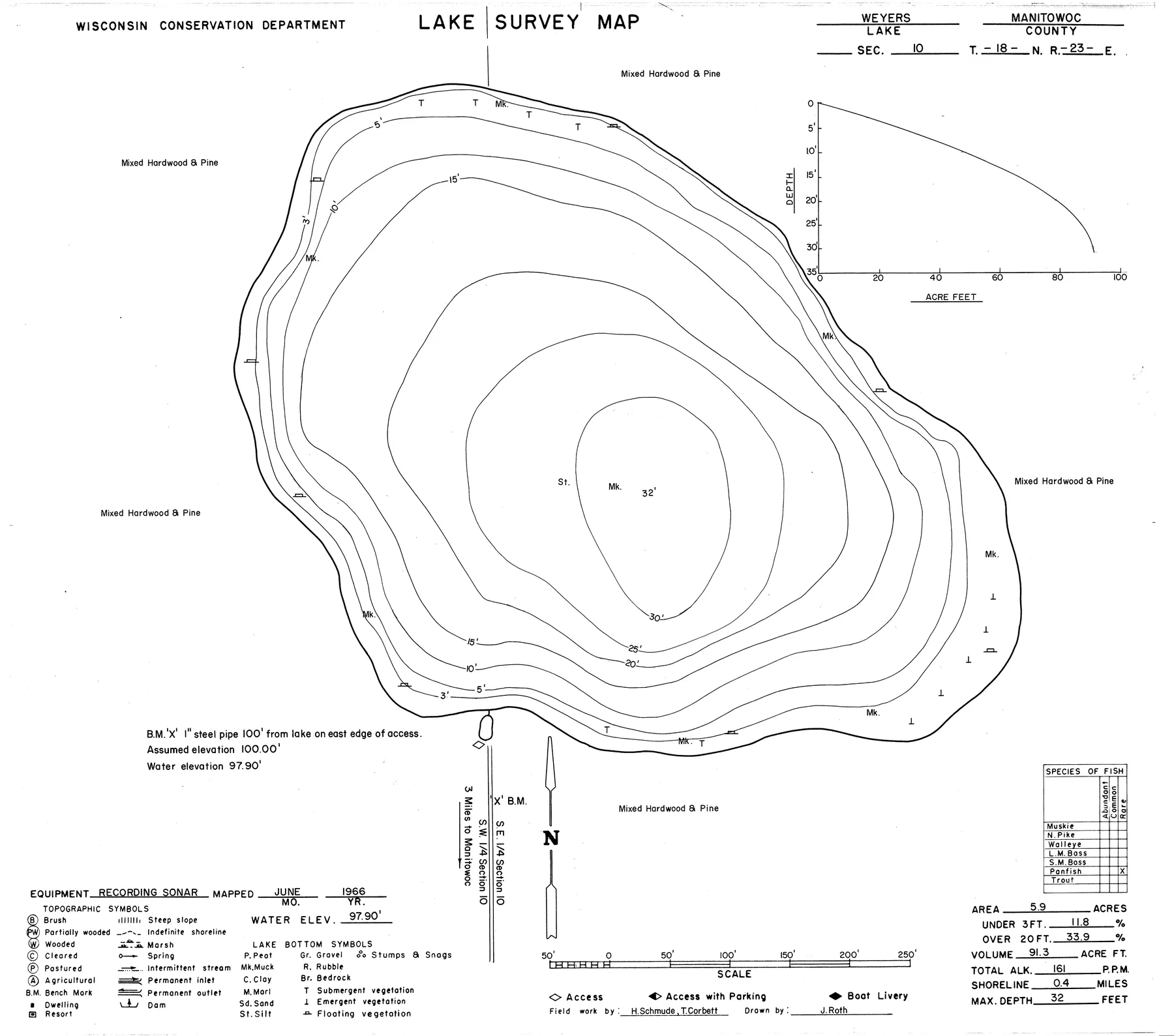 Weyers Lake historical Wisconsin DNR depth map sheet 1